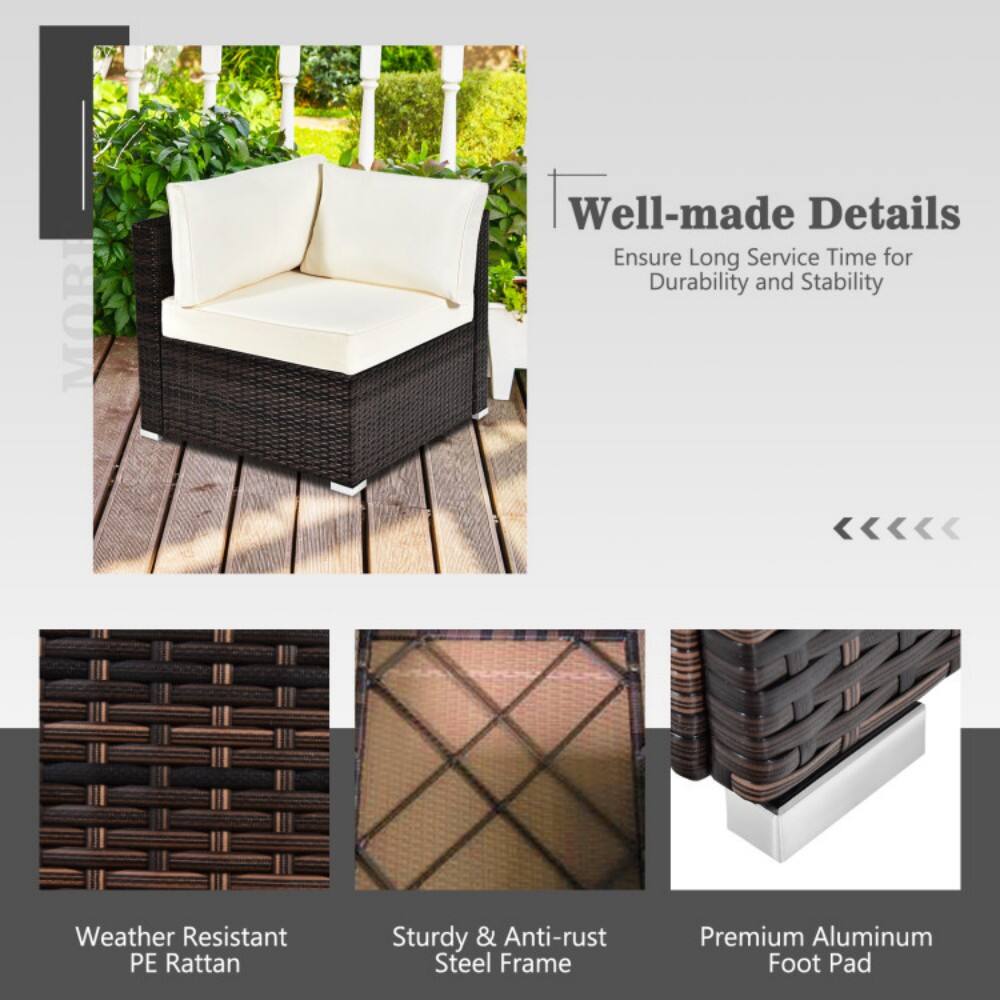 Well-made Details  
Ensure Long Service Time for Durability and Stability  

Weather Resistant PE Rattan  
Sturdy & Anti-rust Steel Frame  
Premium Aluminum Foot Pad