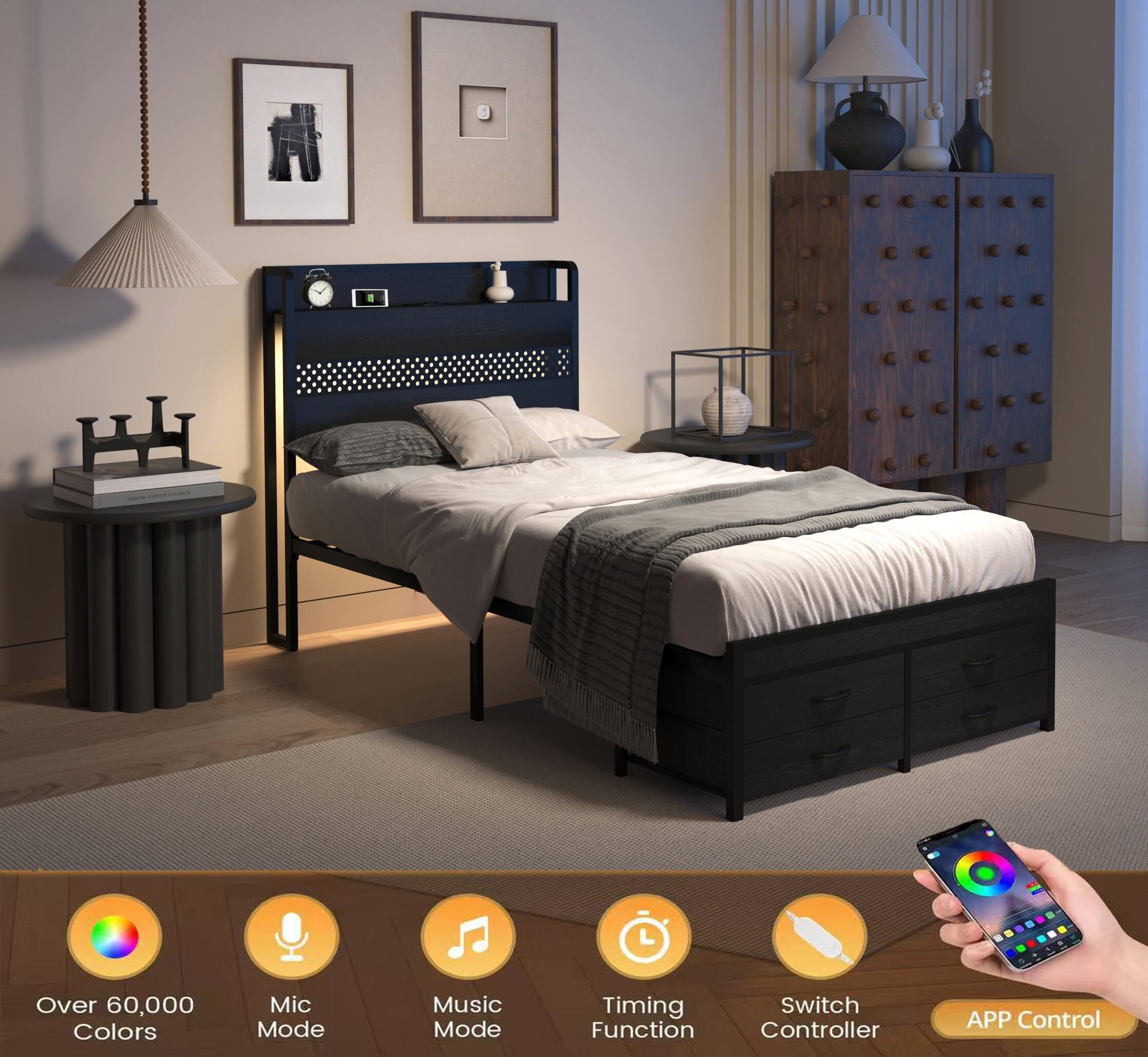 - Over 60,000 Colors
- Mic Mode
- Music Mode
- Timing Function
- Switch Controller
- APP Control