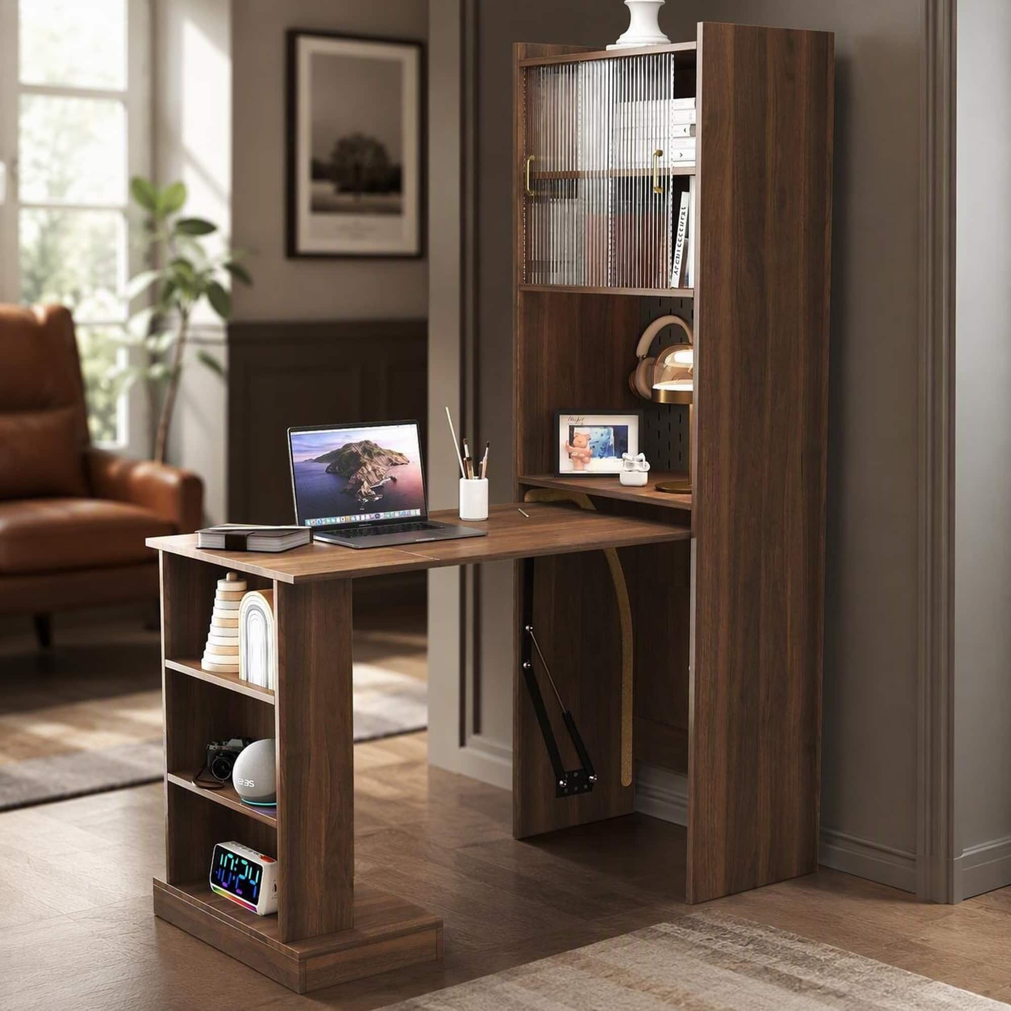 RYHNUYNE - Foldable Desk with Storage Shelves, 15mm Melamine Particle Board, 13.14in Folded Width, Study Table for Home Office - Walnut