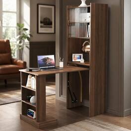 RYHNUYNE - Foldable Desk with Storage Shelves, 15mm Melamine Particle Board, 13.14in Folded Width, Study Table for Home Office - Walnut