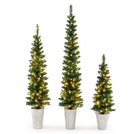 Gymax - Set of 3 Pre-Lit Artificial Christmas Trees 3 4 5 FT Slim Pencil Potted Xmas Tree - Green, Silver