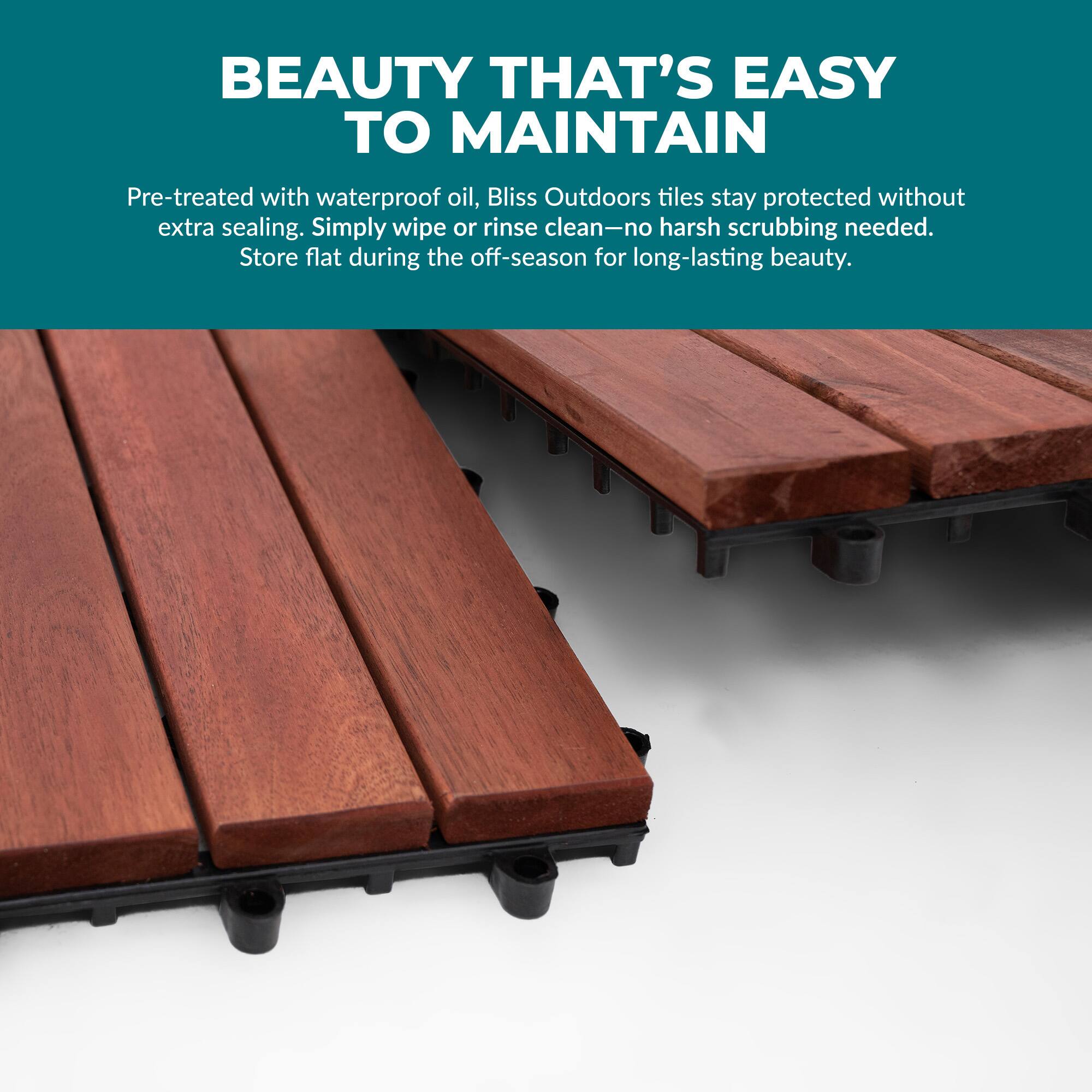 BEAUTY THAT'S EASY TO MAINTAIN

Pre-treated with waterproof oil, Bliss Outdoors tiles stay protected without extra sealing. Simply wipe or rinse clean—no harsh scrubbing needed. Store flat during the off-season for long-lasting beauty.
