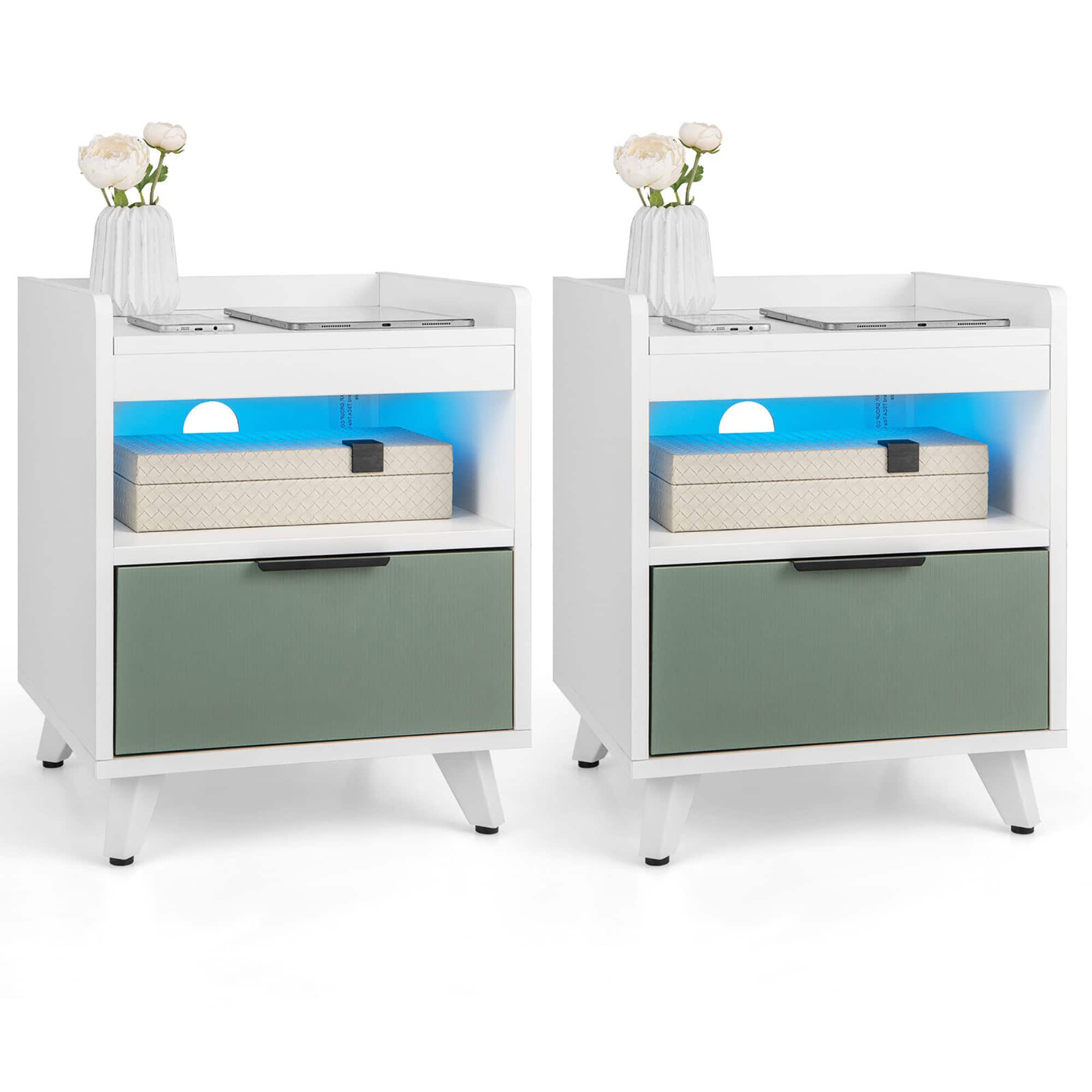 Gymax - 2PCS Nightstand Modern Beside End Table w/ LED Lights Open Compartment & Drawer - White
