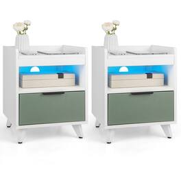 Gymax - 2PCS Nightstand Modern Beside End Table w/ LED Lights Open Compartment & Drawer - White