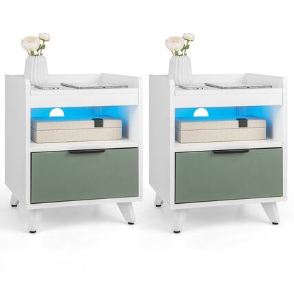 Front. Gymax - Gymax 2PCS Nightstand Modern Beside End Table w/ LED Lights Open Compartment & Drawer - White.