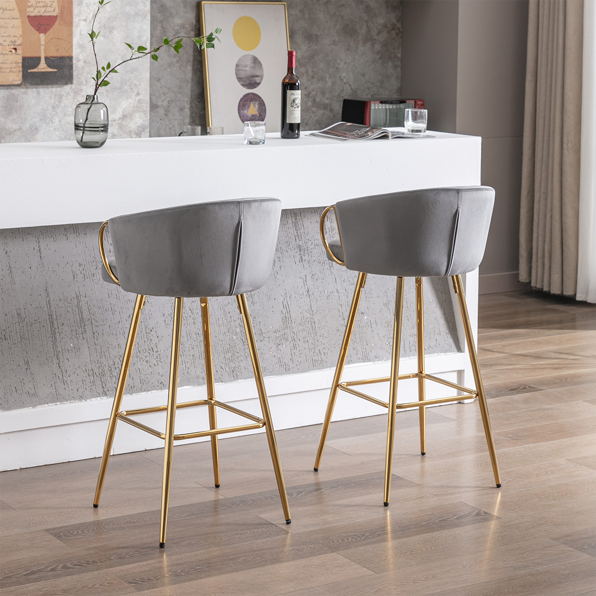 Left. Trinkets Crazed - 26" Velvet Counter Stools Set Of 2, Luxury Bar Chair With Low Back and Gold Legs For Kitchen Island - Gray.