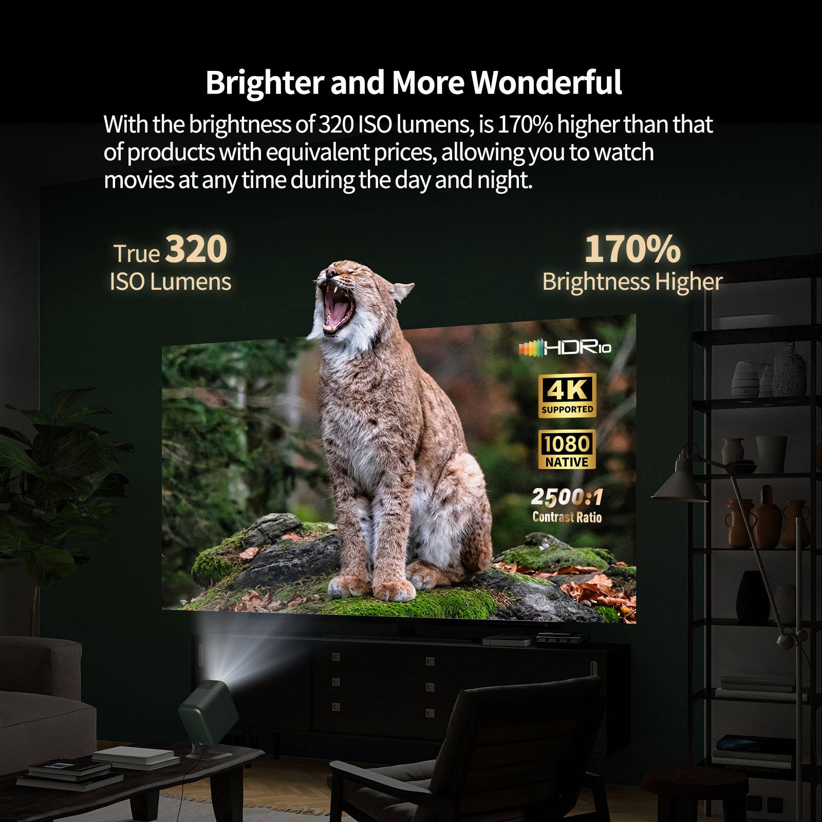 Brighter and More Wonderful

With the brightness of 320 ISO lumens, it is 170% higher than that of products with equivalent prices, allowing you to watch movies at any time during the day and night.

True 320 ISO Lumens

170% Brightness Higher

HDR10

4K SUPPORTED

1080 NATIVE

2500:1 Contrast Ratio