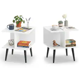 Costway - 2 PCS End Table, 2-Tier Modern Bedside Table with 2 Compartments & Raised Metal Legs - White + Black
