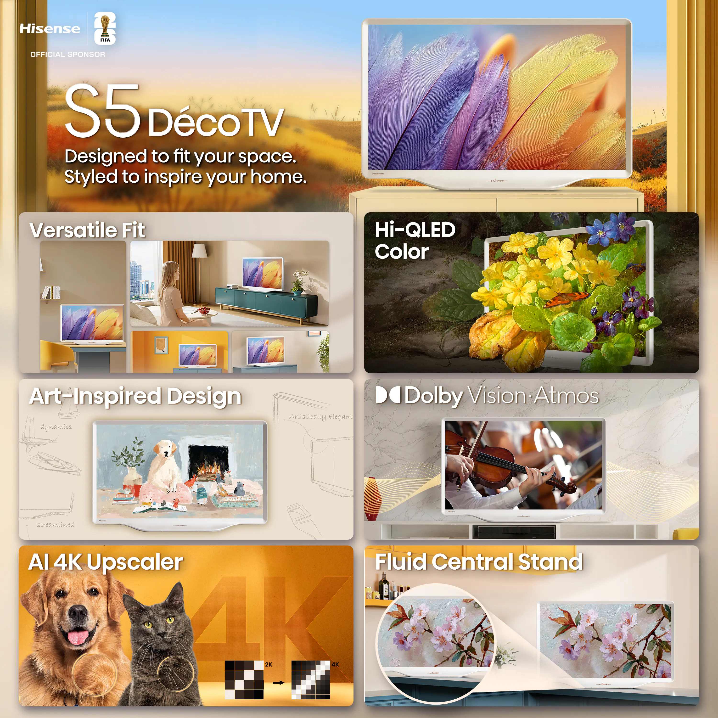 Hisense  
OFFICIAL SPONSOR  

S5 Déco TV  
Designed to fit your space.  
Styled to inspire your home.  

Versatile Fit  

Hi-QLED Color  

Art-Inspired Design  

AI 4K Upscaler  

Dolby Vision • Atmos  

Fluid Central Stand