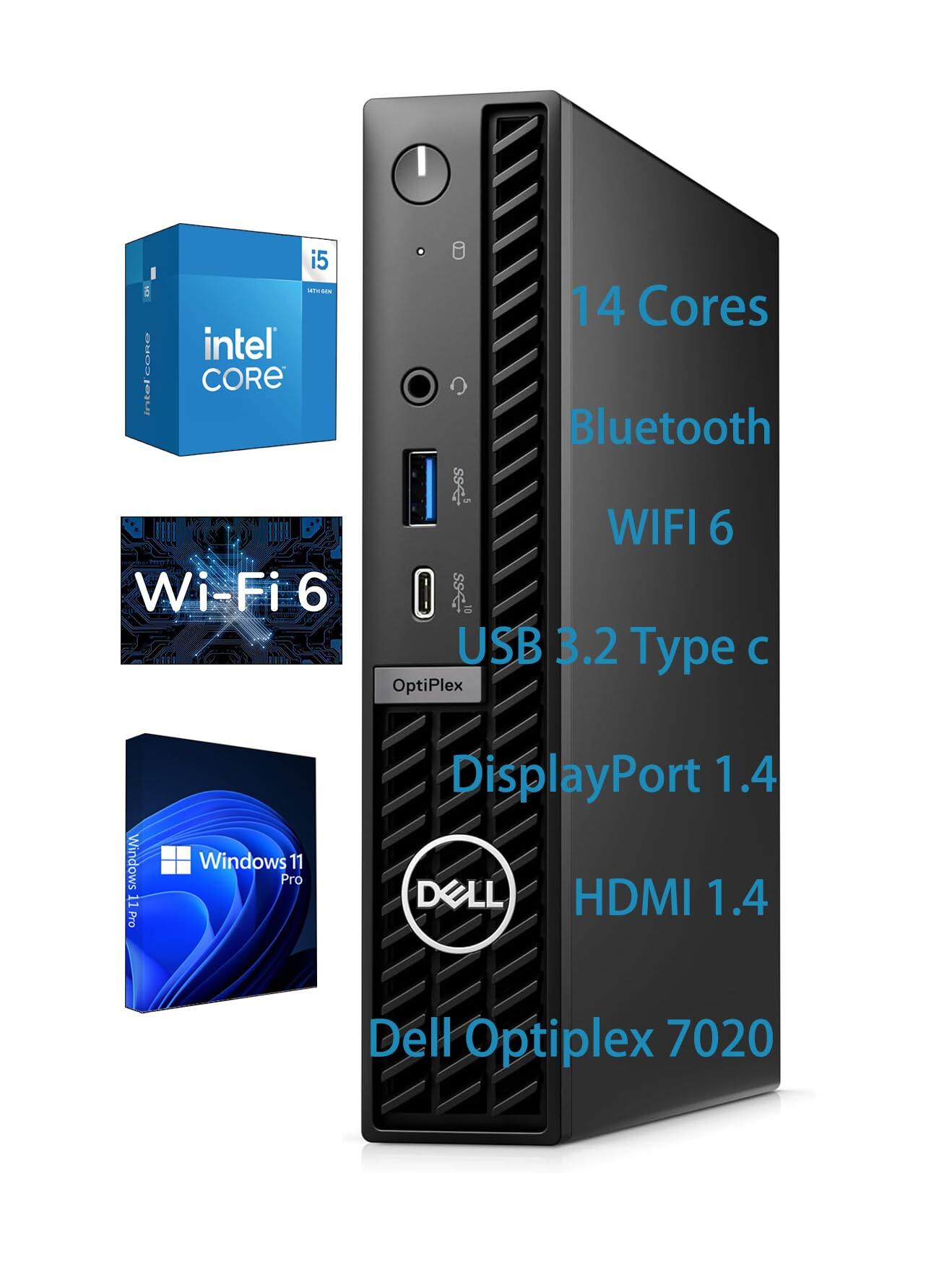 E PRRO intol i5 STEREN intel CORE 0 O 14 Cores Bluetooth Wi-Fi 6 WIFI 6 USB 3.2 Type C OptiPlex Windows 11 Pro DisplayPort 1.4 DOLL HDMI 1.4 Dell Optiplex 7020