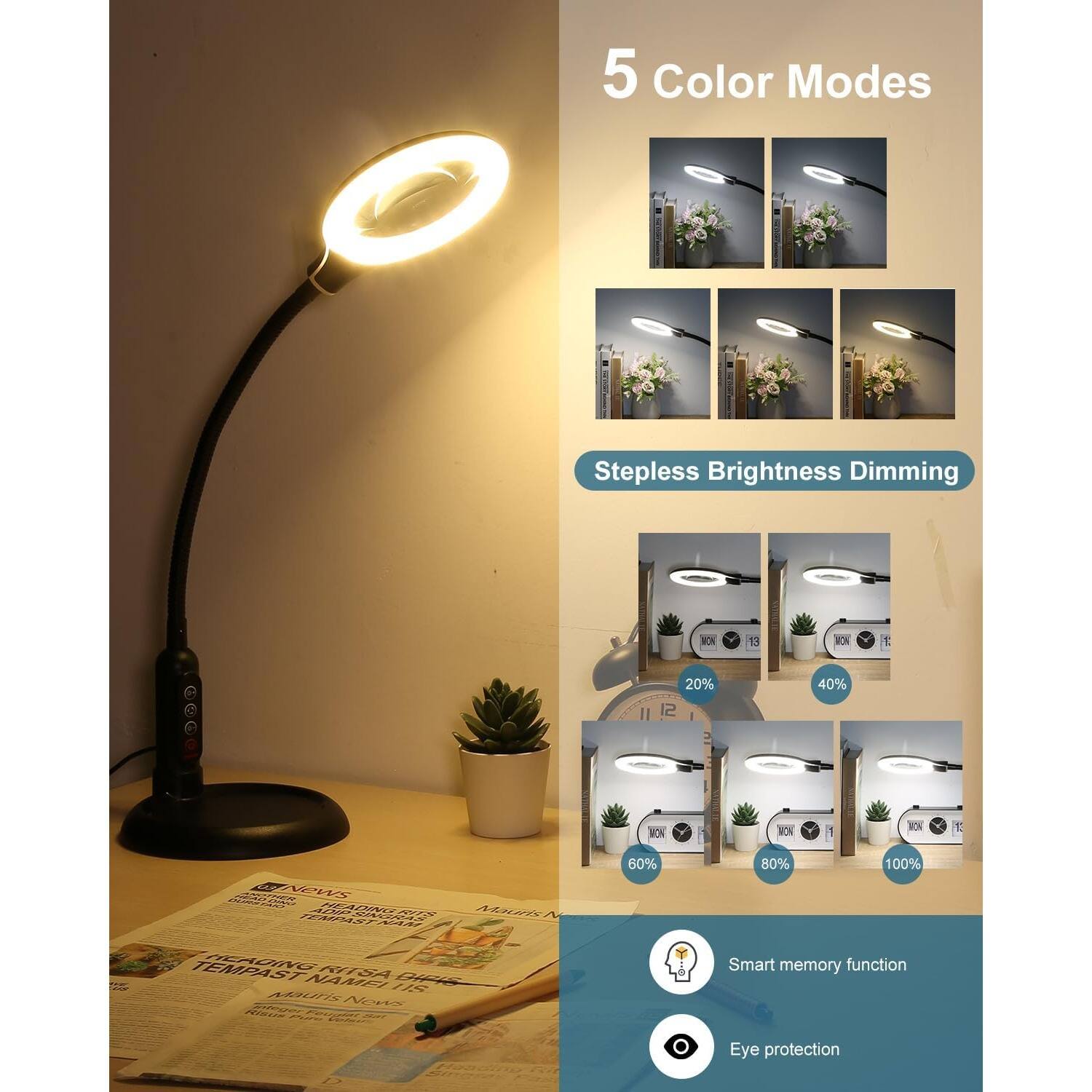 5 Color Modes

Stepless Brightness Dimming

20% 40% 60% 80% 100%

Smart memory function

Eye protection