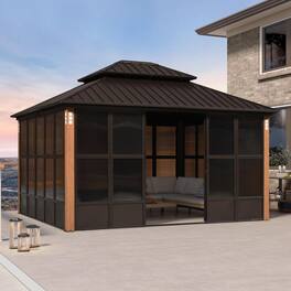 PURPLE LEAF - Sunroom Outdoor Hardtop Gazebo Bronze Aluminum Frame Solarium Galvanized Steel Double Roof All-Weather Screen House - 12' X 14'
