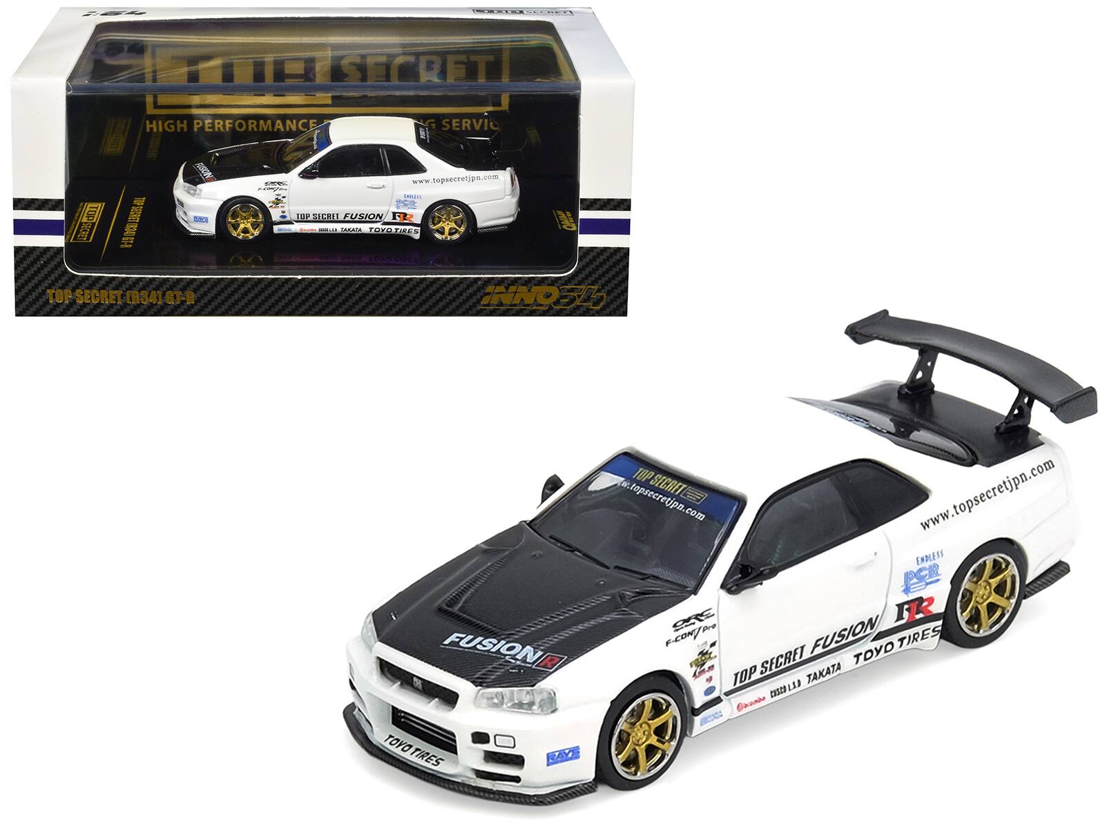 "Nissan Skyline GT-R (R34) ""Top Secret"" RHD (Right Hand Drive) White with Carbon Hood 1/64 Model Car by Inno Models" price history on PriceWatchPro