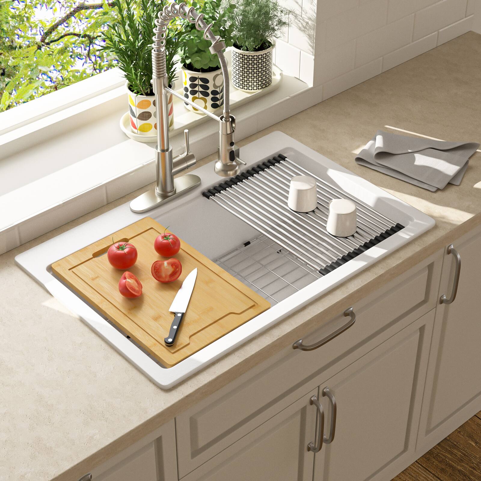 Angle. Lordear - 33x22x10 Inch White Granite Composite Drop In Workstation kitchen Sink Single Bowl Quartz Kitchen Sink - White.