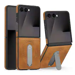 Dteck - Magnetic Case for Samsung Galaxy Z Flip7 Shockproof PU Leather Slim Kickstand Cover - Brown