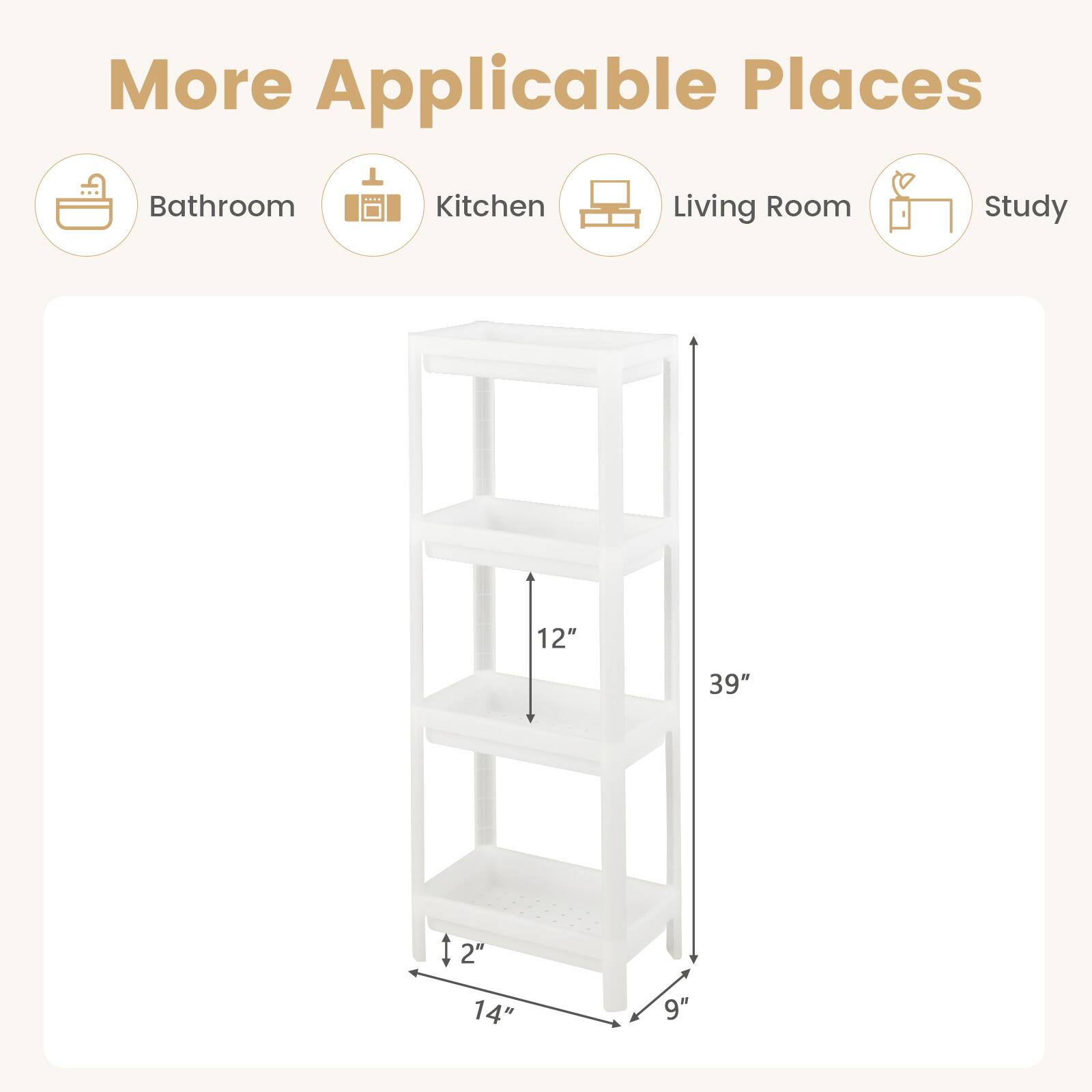 More Applicable Places: Bathroom, Kitchen, Living Room, Study

Dimensions: 39" (height), 14" (width), 9" (depth), 12" (shelf height), 2" (shelf depth)