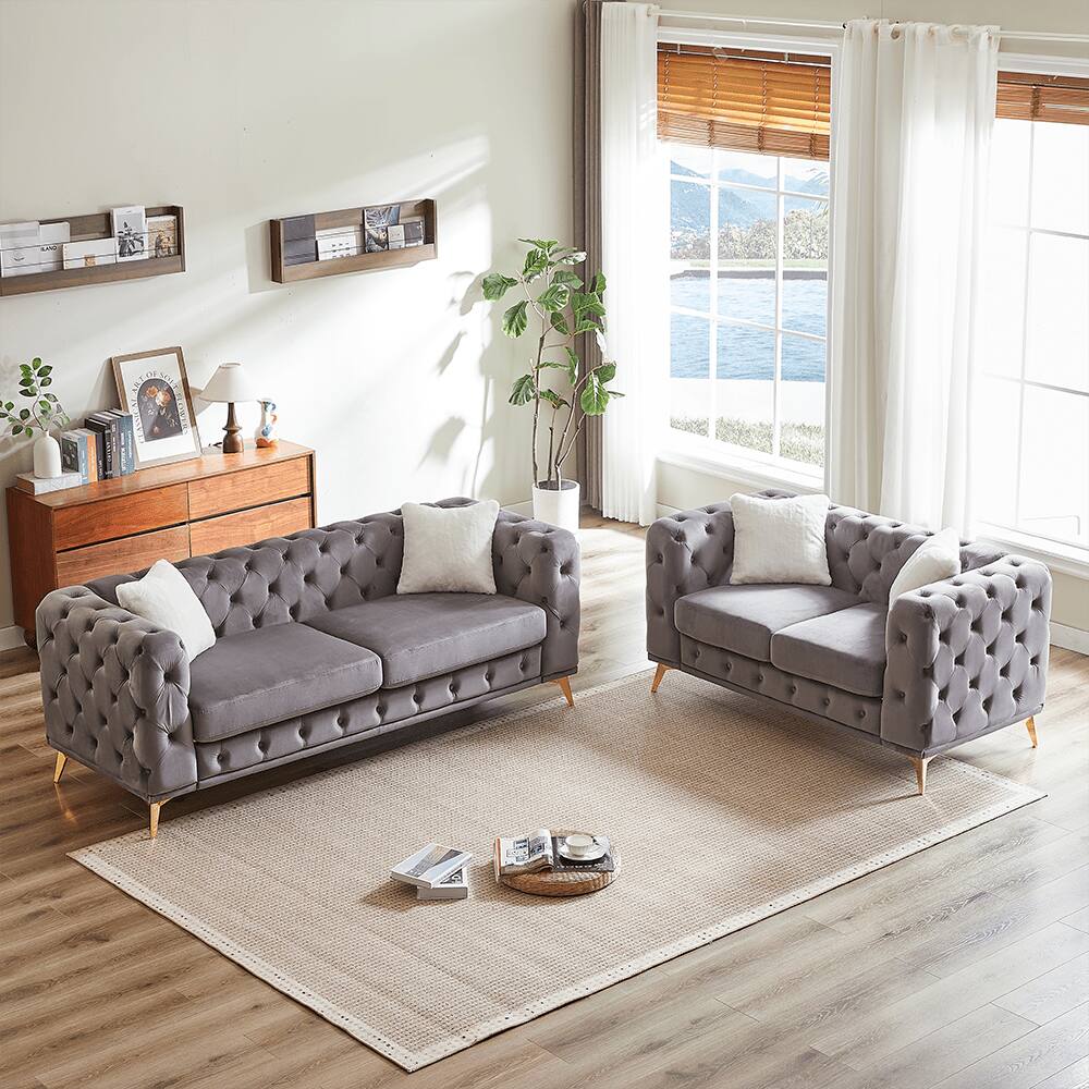 Angle. Trinkets Crazed - Chesterfield Sofa Set Of 2 For Living Room,Modern Upholstered Deep Seat Velvet Loveseat And 3-Seater Sofa Couch - Gray.