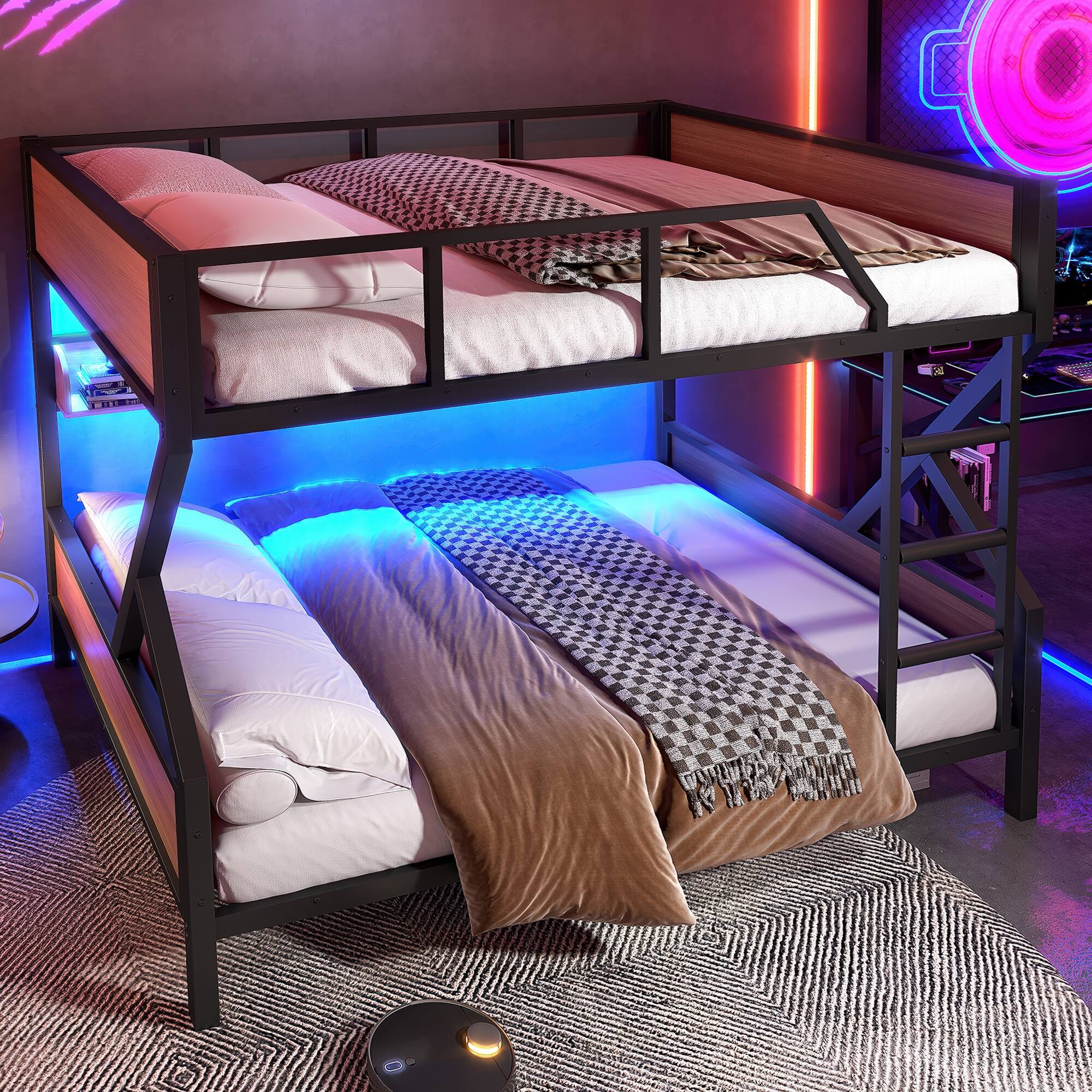 Angle. Anysun - Full over Full Bunk Bed, Metal w/ Storage Shelves & Lights, Space-Saving & Noise-Free Design - Black.