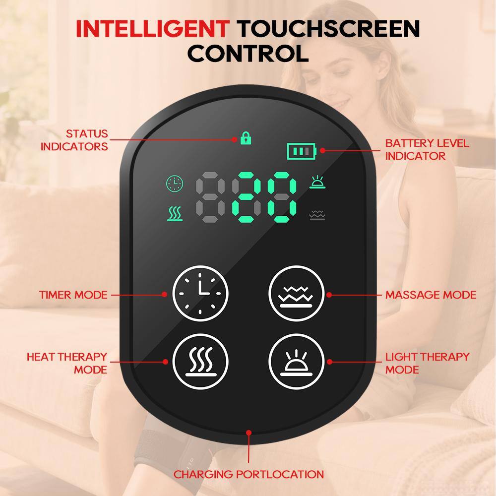 INTELLIGENT TOUCHSCREEN CONTROL

- STATUS INDICATORS
- BATTERY LEVEL INDICATOR
- TIMER MODE
- MASSAGE MODE
- HEAT THERAPY MODE
- LIGHT THERAPY MODE
- CHARGING PORT LOCATION