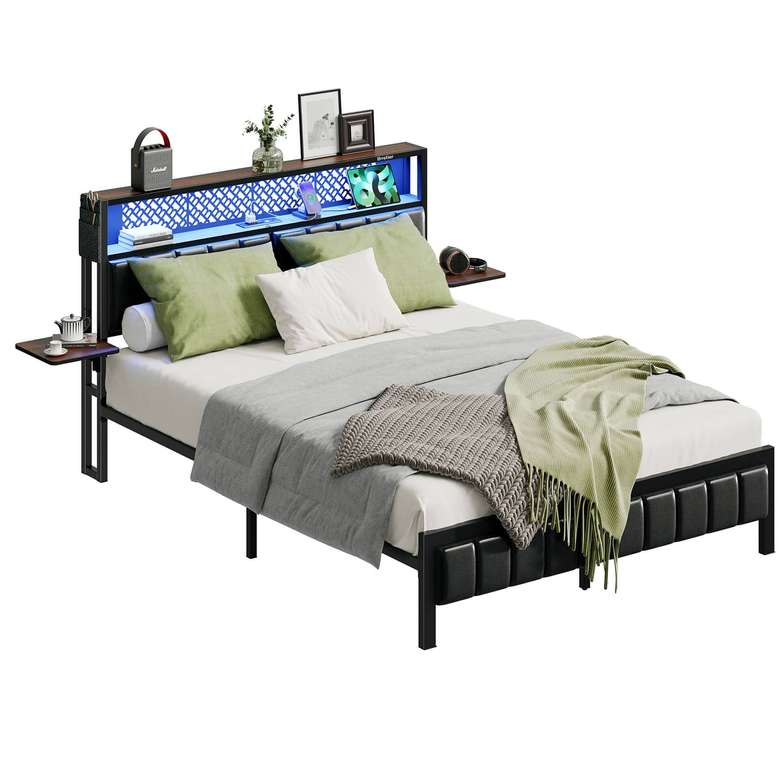 Bestier - Bed Frame with Headboard Foldable Shelves LED Lighting Charging Station Non-Slip Metal - Ancona Walnut
