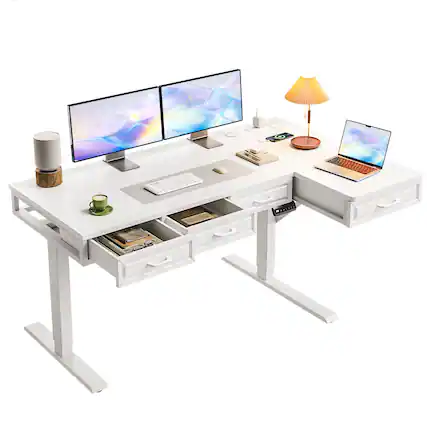 Front. OffiGo - L Shaped Electric Standing Desk with Wooden Drawers, Height Adjustable Corner Sit Stand Workstation with Power Outlets - White.