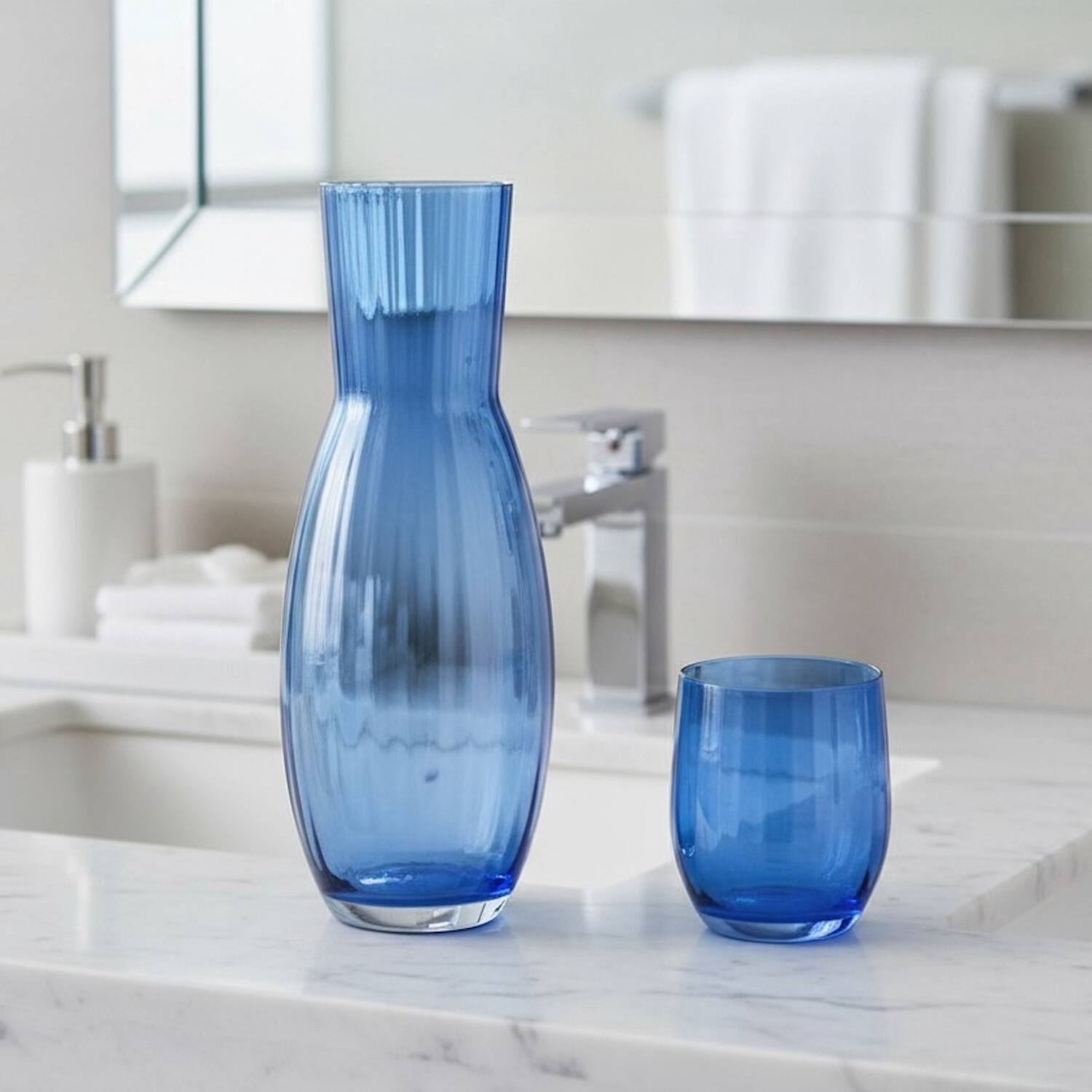Left. American Atelier - Cobalt Bedside Carafe 2-Piece Set 39.23 OZ. - Blue.