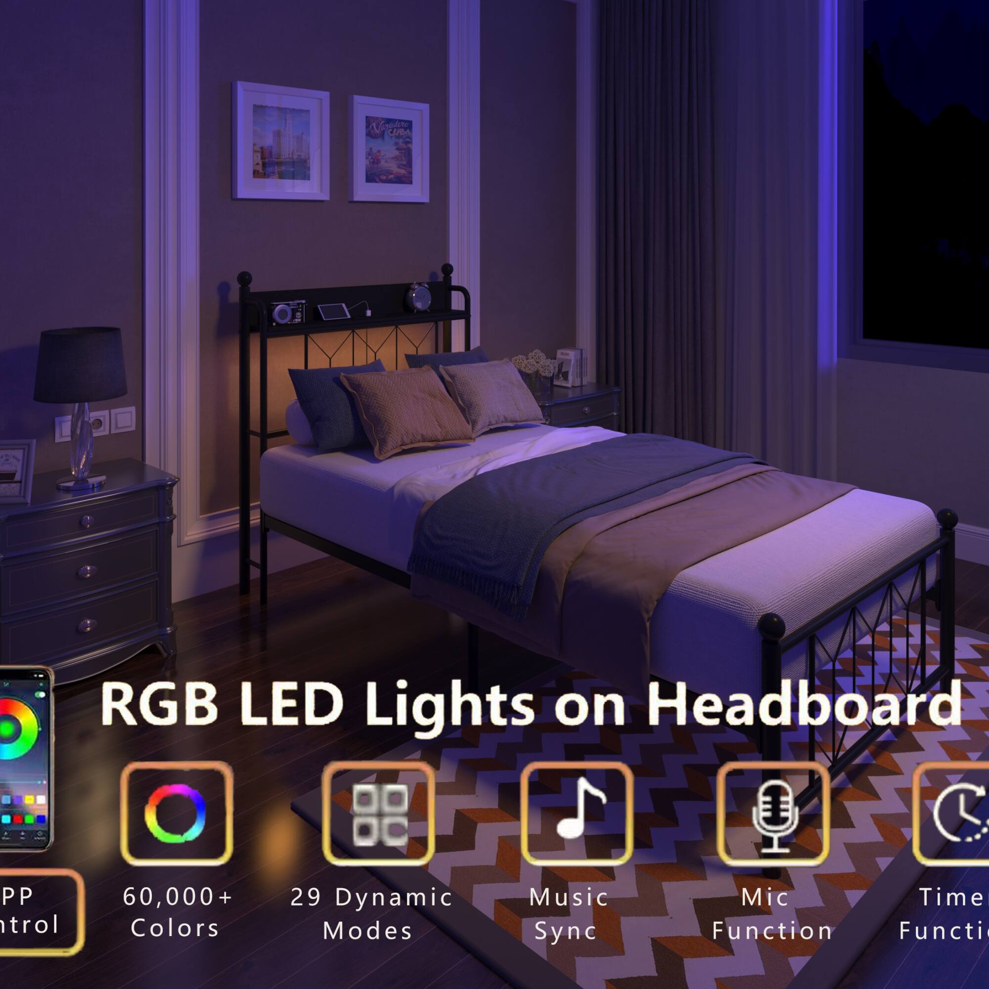 RGB LED Lights on Headboard  
PP Control  
60,000+ Colors  
29 Dynamic Modes  
Music Sync  
Mic Function  
Time Function