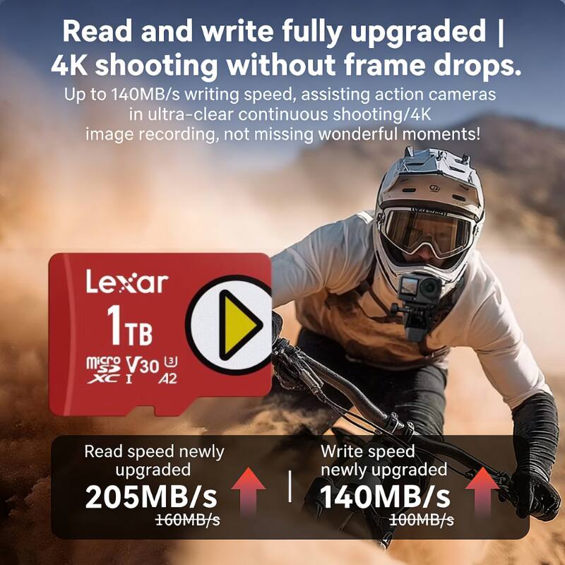 Read and write fully upgraded | 4K shooting without frame drops.  
Up to 140MB/s writing speed, assisting action cameras in ultra-clear continuous shooting/4K image recording, not missing wonderful moments!  

Lexar 1TB microSDXC I V30 A2  

Read speed newly upgraded 205MB/s (160MB/s)  
Write speed newly upgraded 140MB/s (100MB/s)