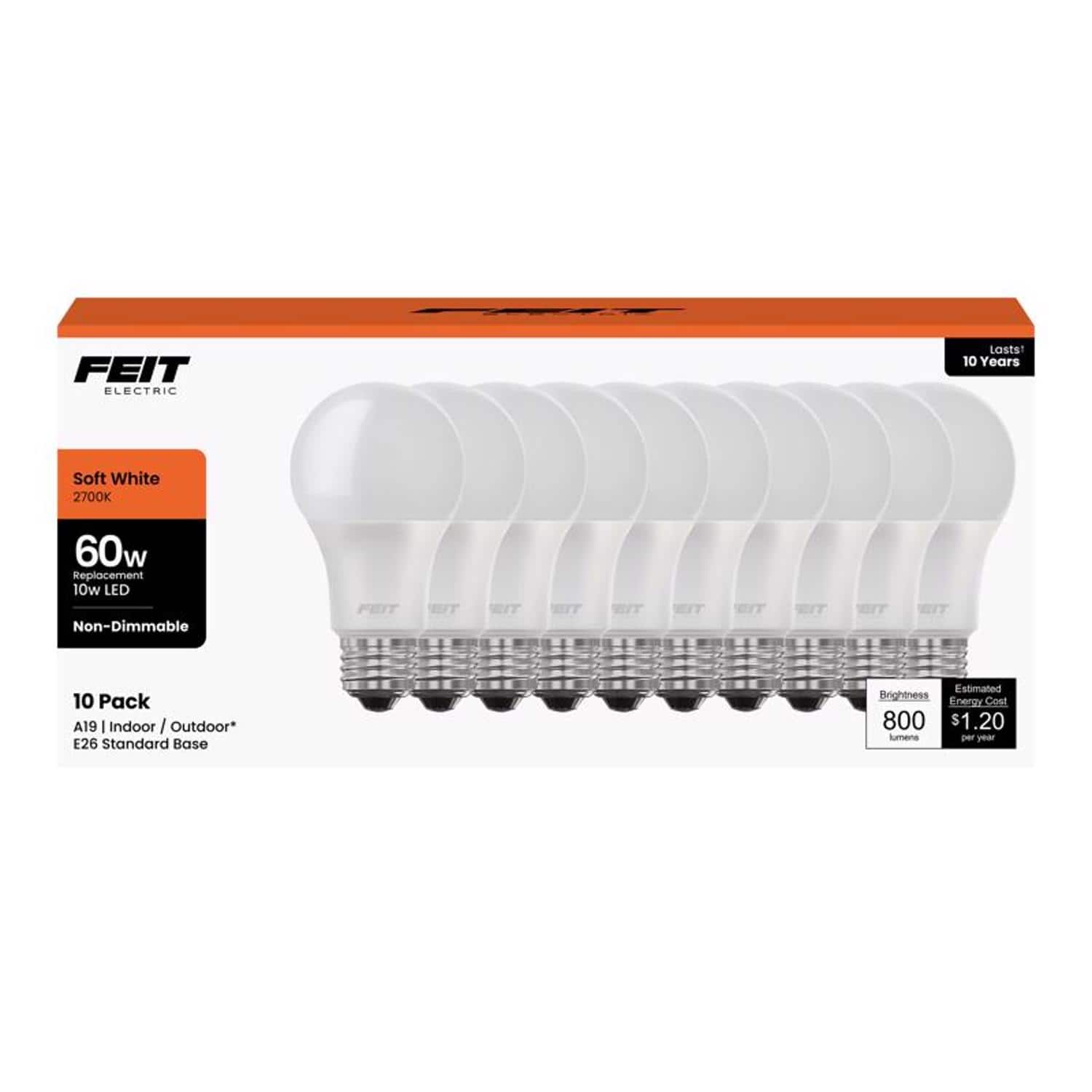 FEIT ELECTRIC - Feit A19 E26 (Medium) LED Bulb Soft White 60 Watt Equivalence 10 pk