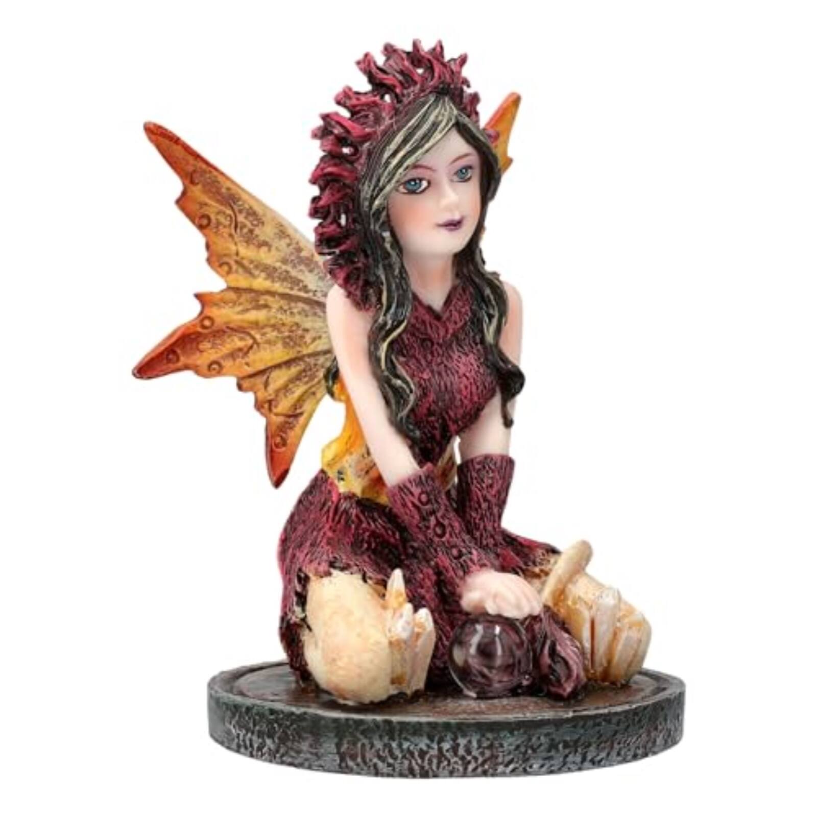 Back. Pacific Trading - 3 inch Autumn Flame Fairy Figurine with Fiery Orb and Golden Accents Perfect for Small Fairy Gardens.