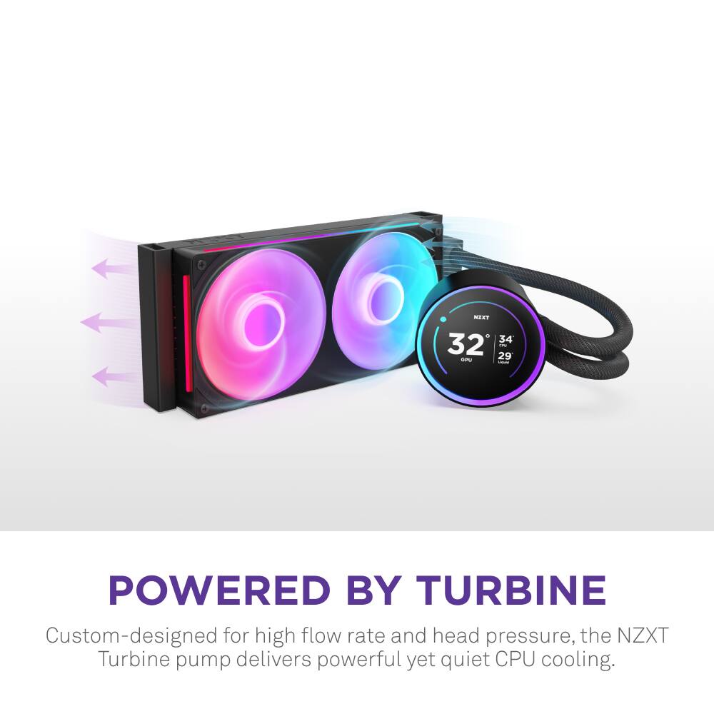 The image features a custom-designed NZXT Turbine pump, which is powered by a turbine. This pump is designed for high flow rate and head pressure, providing powerful yet quiet CPU cooling. The pump is displayed alongside a fan, showcasing its effectiveness in delivering efficient cooling.