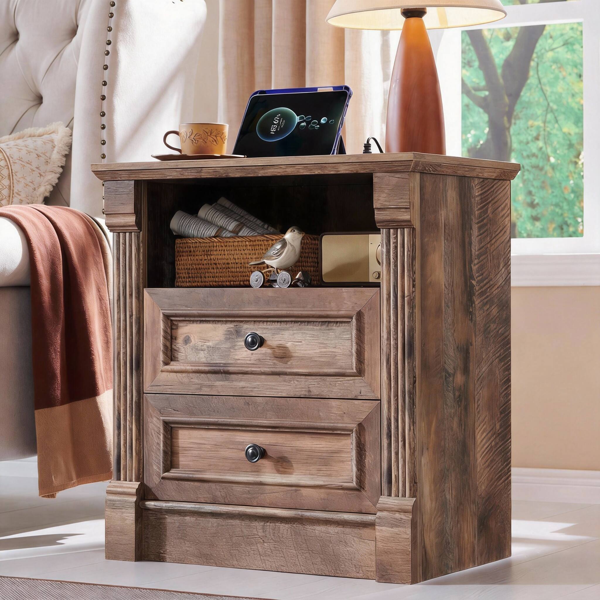 Front. PO3TICJUNKI3 - 26" Farmhouse Nightstand with Charging Station, Drawer & Open Shelf - Light Brown 15.5"D x 23.6"W x 26"H (2 Drawers).