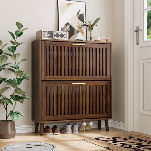 Front. LUCKY ONE - 31.5in Freestanding Walnut Shoe Cabinet with Wavy Groove Panels Flip Drawers for Entryway Corridor - Walnut.