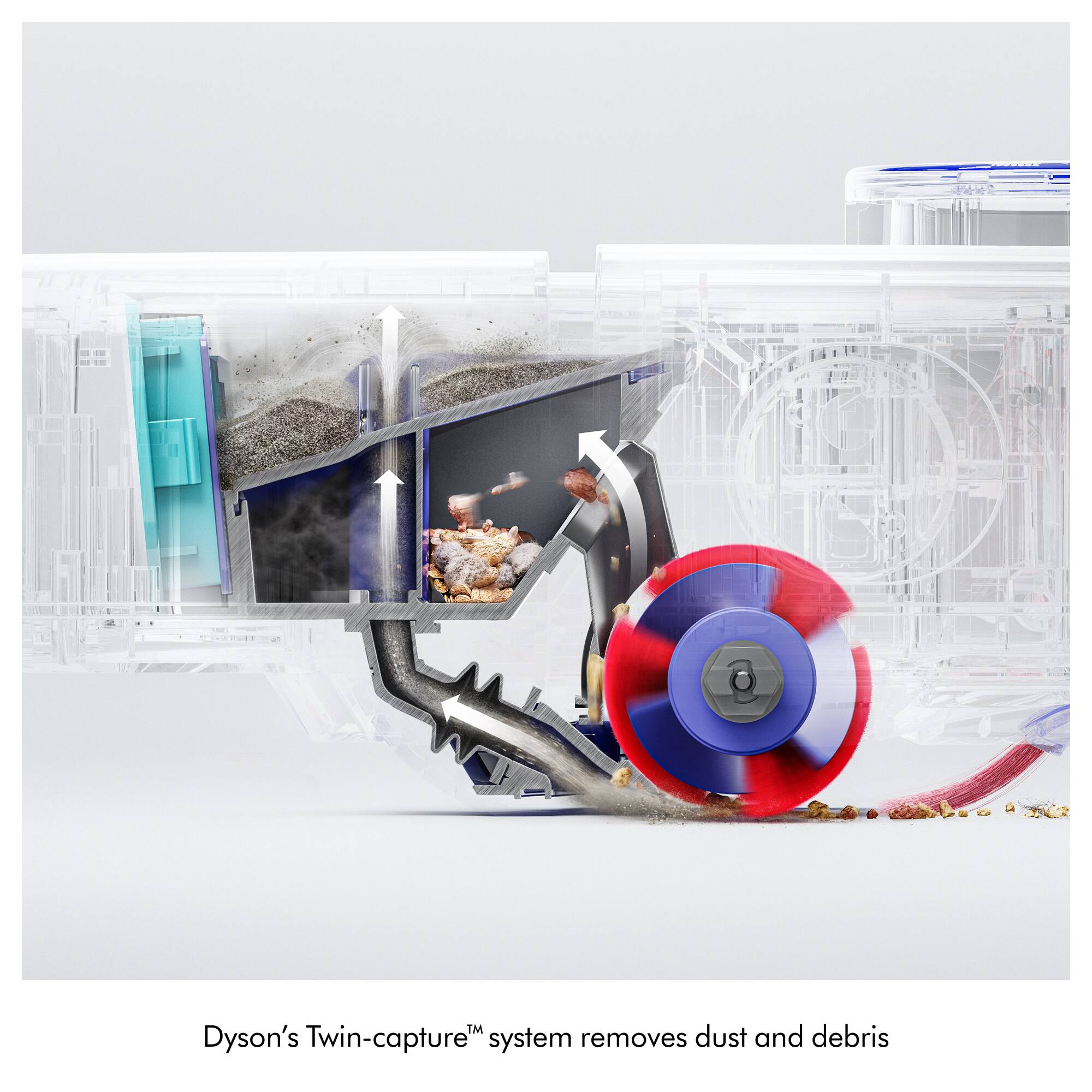 Dyson's Twin-capture™ system removes dust and debris