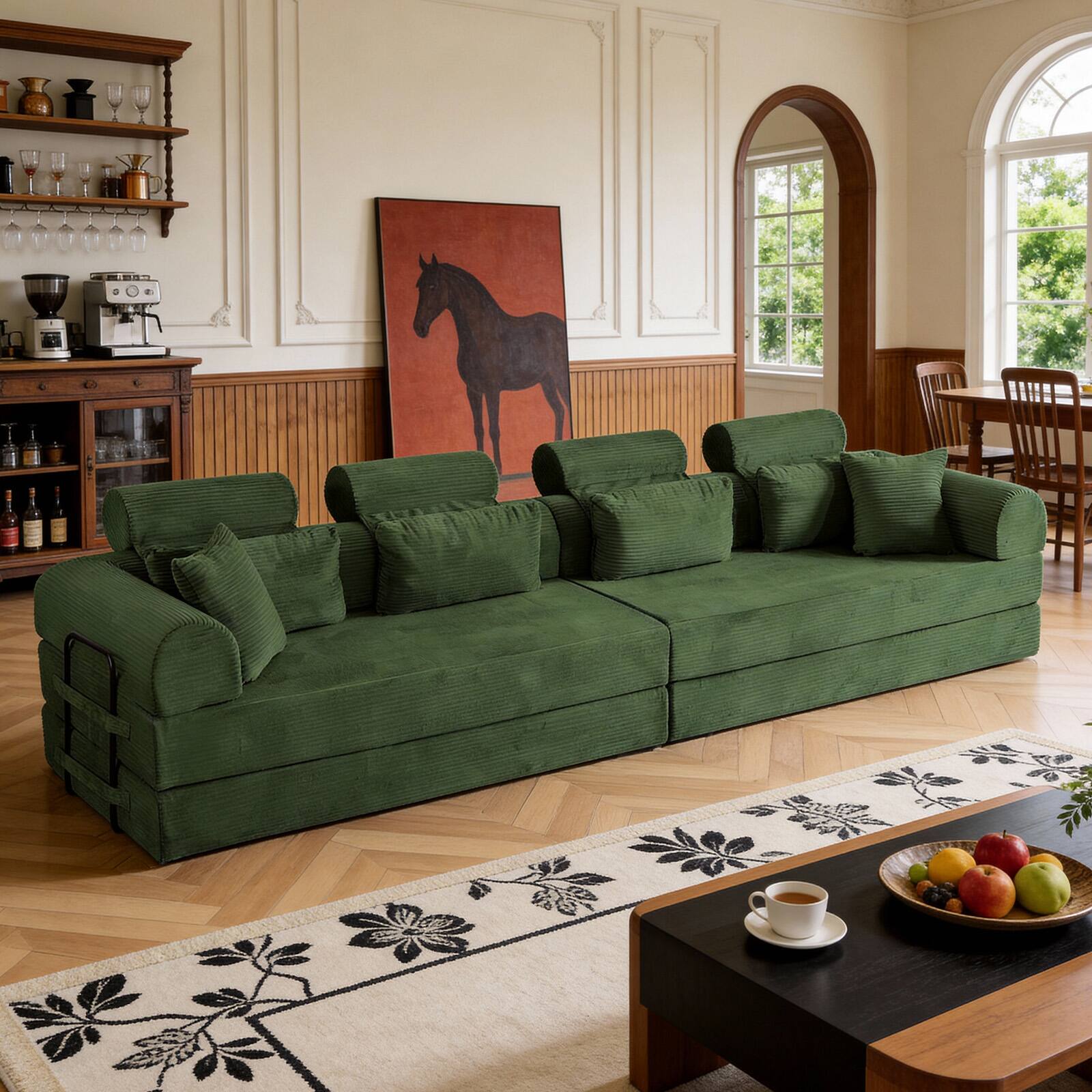 Back. Anysun - L-Shape Corduroy Modular Sectional Sofa - Minimalist Compressed Design, Unfolds into Bed, Space-Efficient - Green.