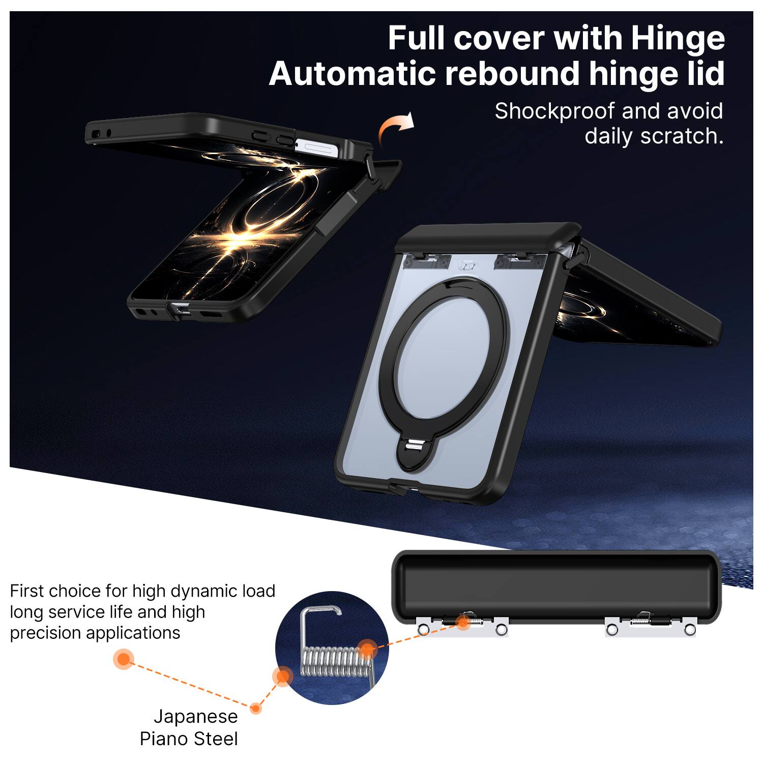Full cover with Hinge Automatic rebound hinge lid  
Shockproof and avoid daily scratch.  

First choice for high dynamic load long service life and high precision applications  
Japanese Piano Steel