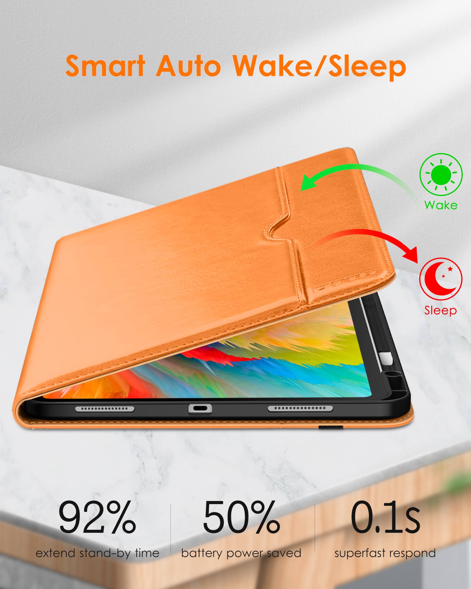 Smart Auto Wake/Sleep

- 92% extend stand-by time
- 50% battery power saved
- 0.1s superfast respond

Wake
Sleep