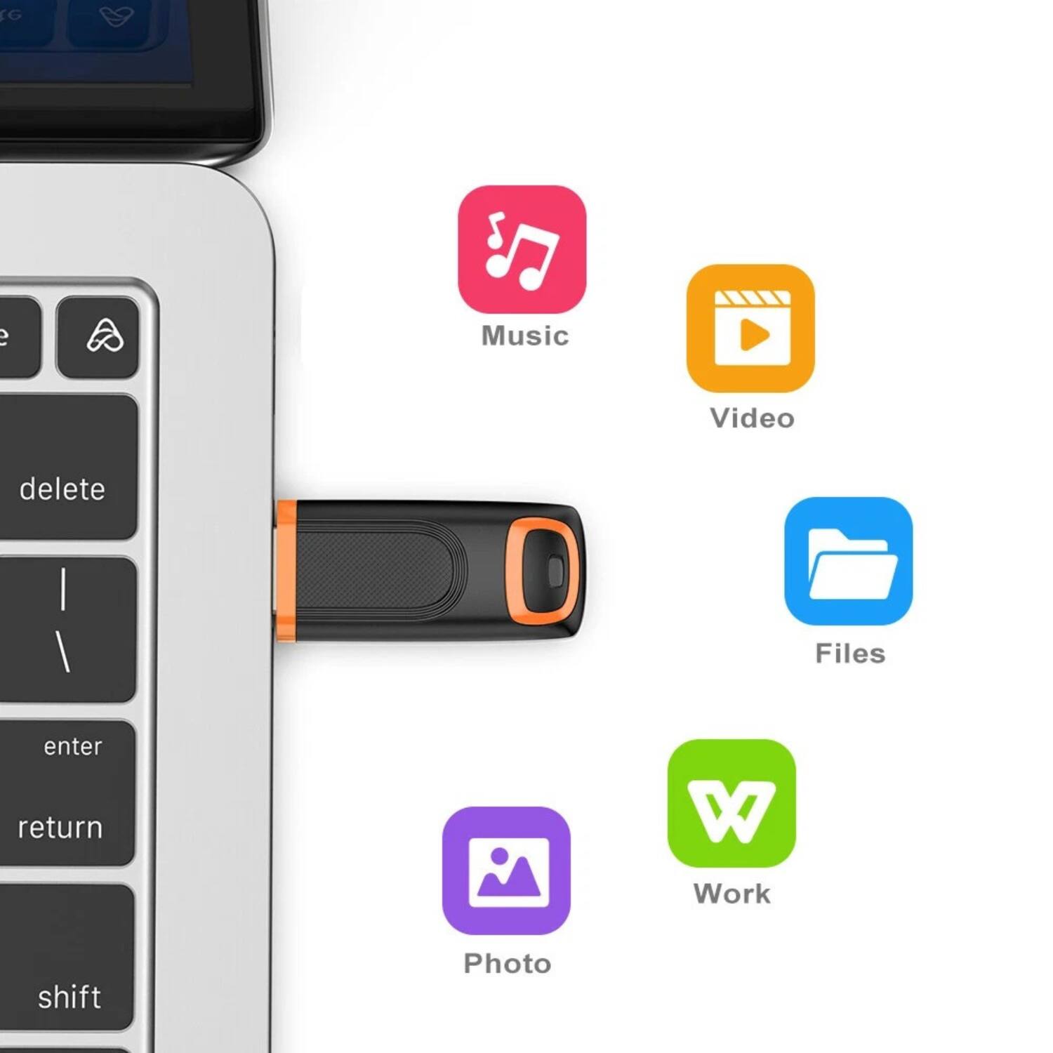 - Music
- Video
- Files
- Work
- Photo
- delete
- enter
- return
- shift