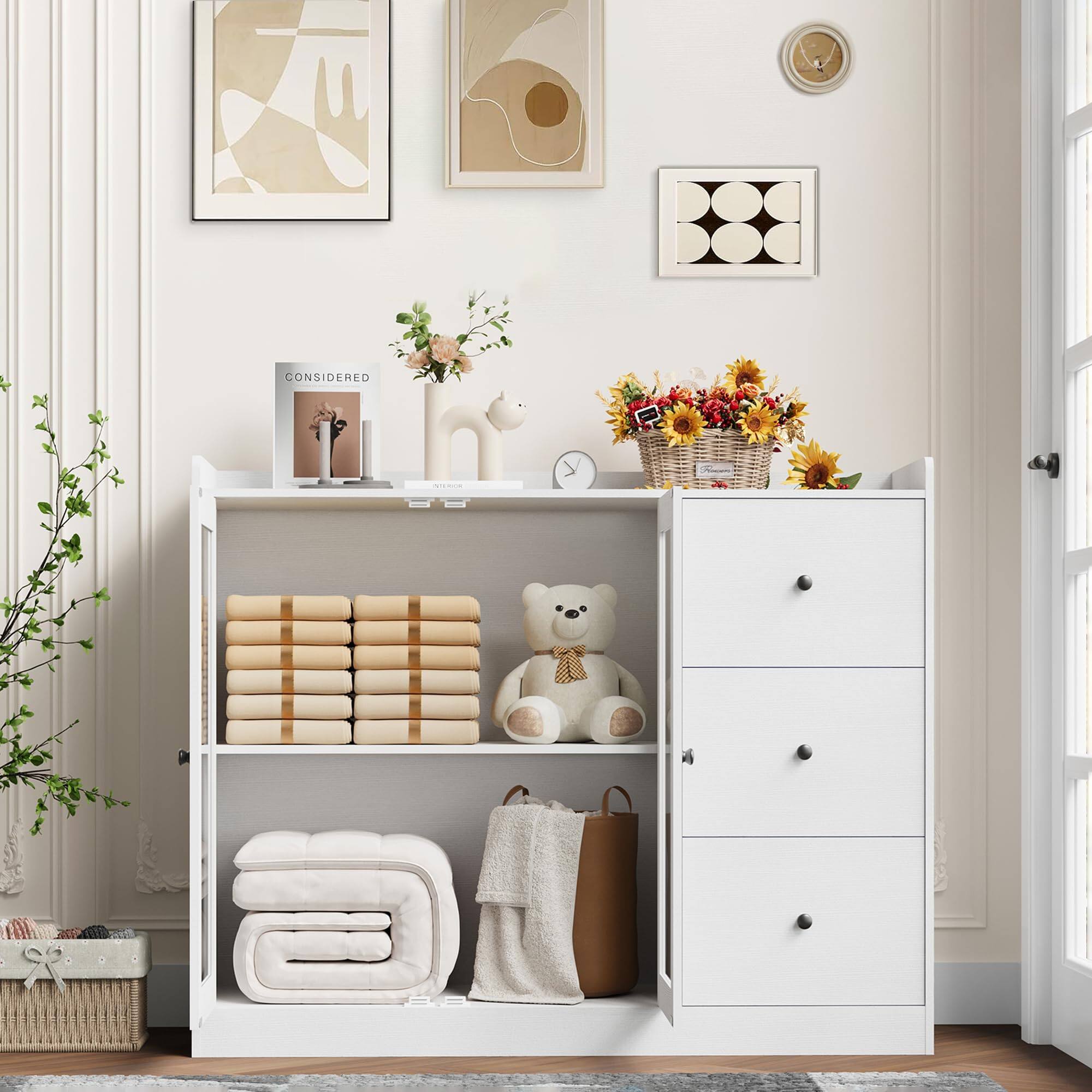 Left. Jojoka - 43" Modern Sideboard  Buffet Cabinetwith Guardrail, Adjustable Shelves, and 3 Drawers - White.