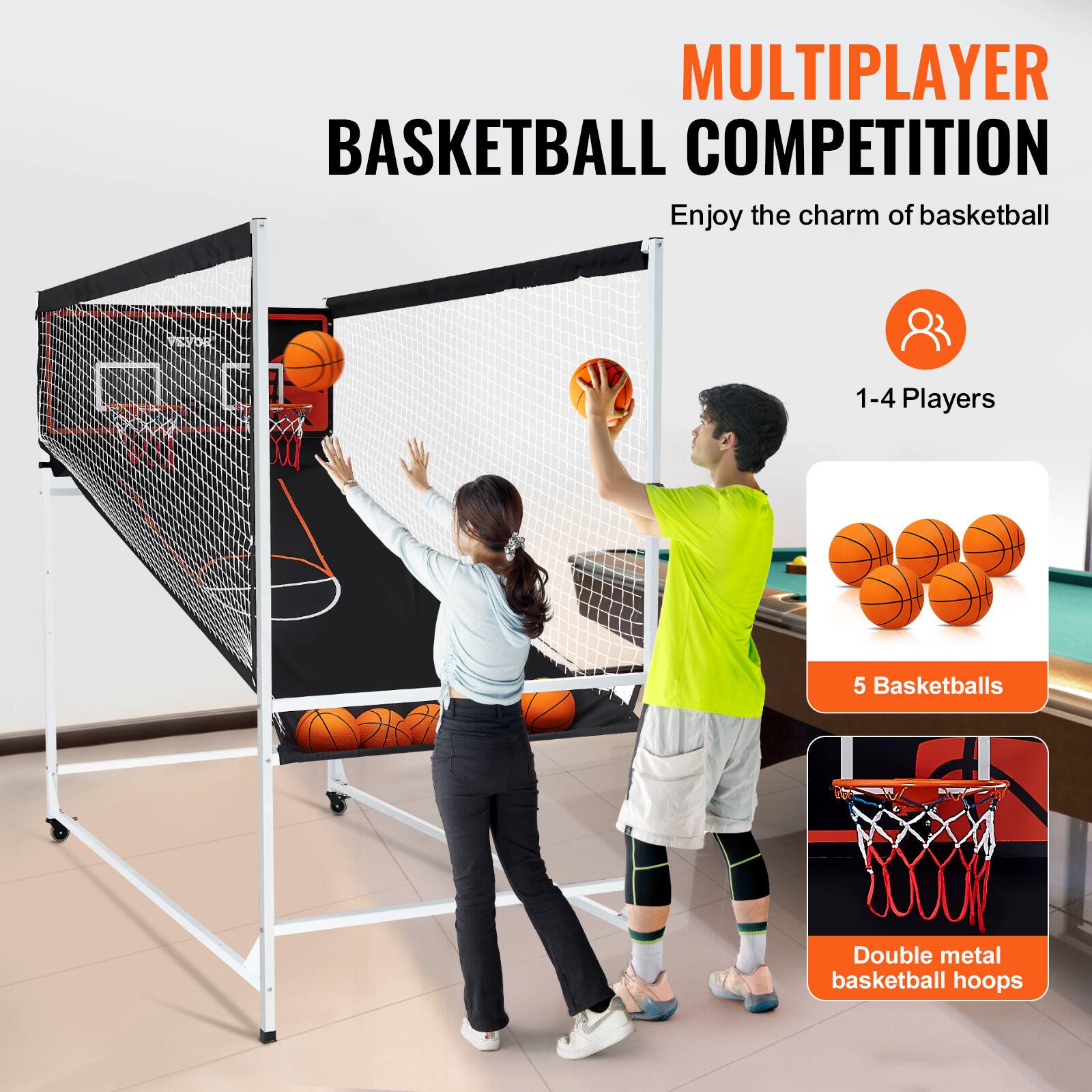 MULTIPLAYER BASKETBALL COMPETITION
Enjoy the charm of basketball
1-4 Players
5 Basketballs
Double metal basketball hoops