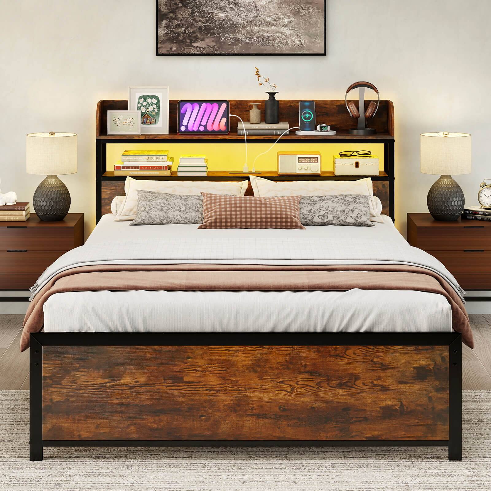Alt View 1. Costway - Coatway Full Bed Frame with LED Lights Power Outlets Storage Headboard Metal Slat Support - Rustic Brown.