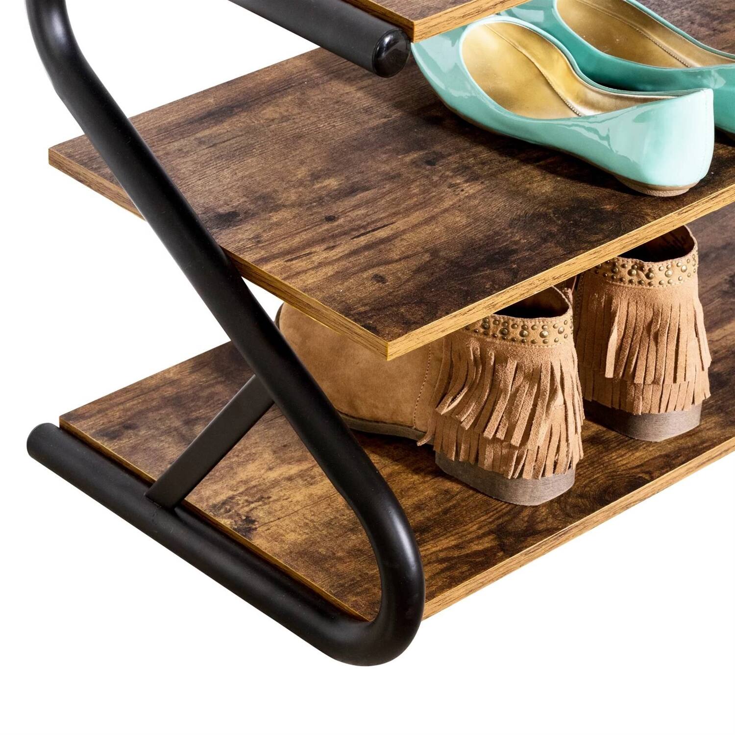 Back. Hivvago - Modern Industrial Metal Wood 3-Tier Shoe Rack - Holds up to 9 Pair of Shoes - Rustic Brown, Black.