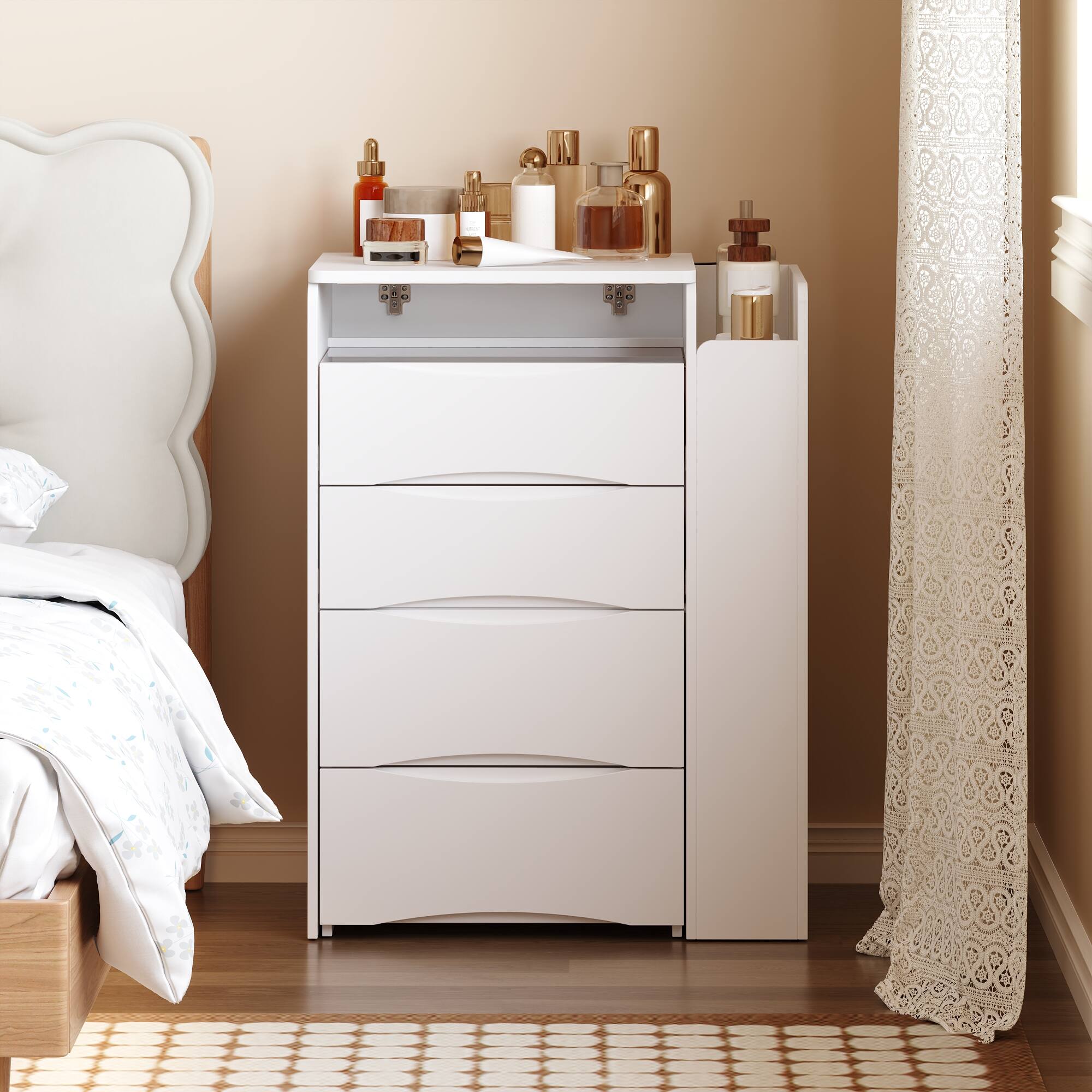 Alt View 2. Famapy - 3-in-1 Flip Vanity Desk with Pull-Out Shelf & LED Mirror - Space Saving Makeup Station Bedside Table - White.