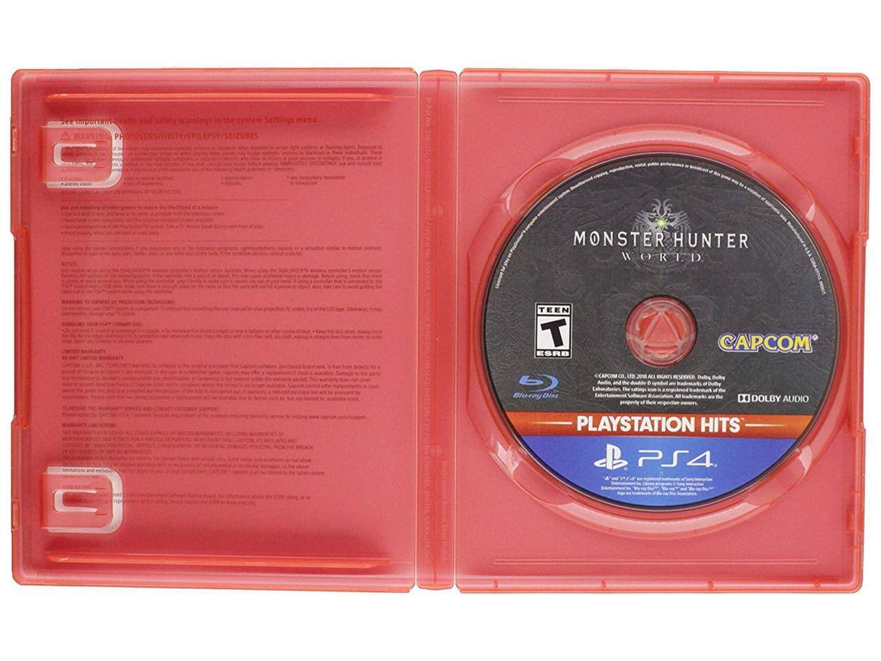 A WARNING: Photosensitivity/Seizures in the system Settings menu.  
MONSTER HUNTER WORLD  
TEEN ESRB  
CAPCOM  
Blu-ray Disc  
PLAYSTATION HITS  
PS4  
DOLBY AUDIO