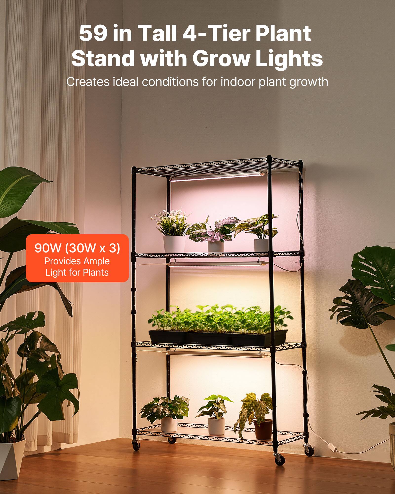 59 in Tall 4-Tier Plant Stand with Grow Lights  
Creates ideal conditions for indoor plant growth  

90W (30W x 3)  
Provides Ample Light for Plants