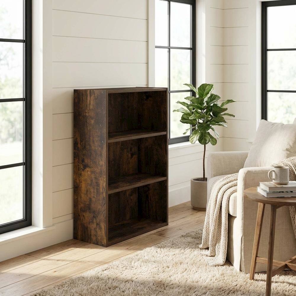 Left. FurniFact - Wooden bookcase with open shelving for living room or office storage - Amber Pine.