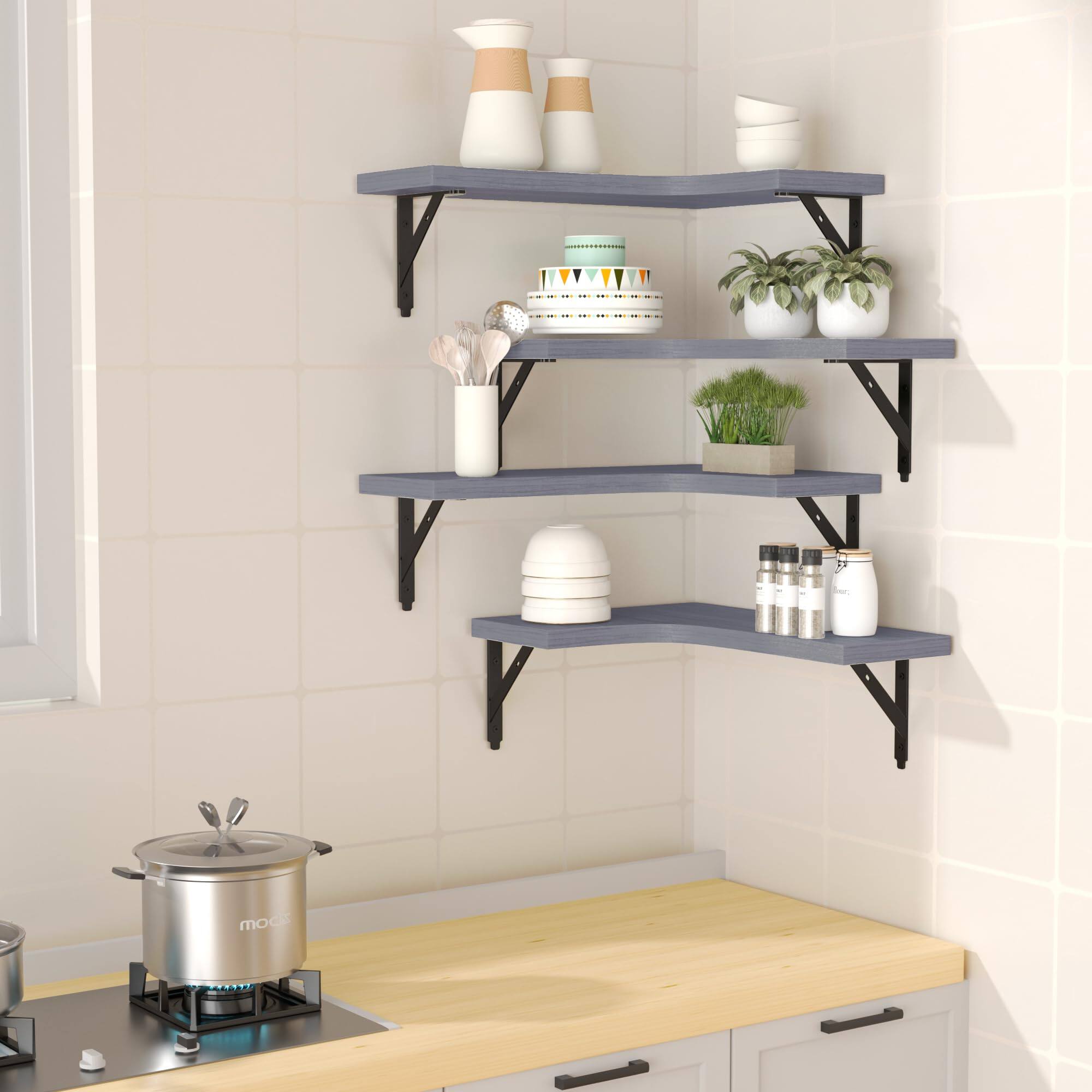 Angle. Dazzed Corner - Corner Floating Shelves Wall Mounted Set of 4 - Grey.
