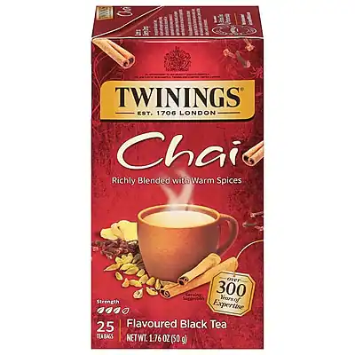 TWININGS
EST. 1706 LONDON
Chai
Richly Blended with Warm Spices
Strength
300
No. of Expertise
25 Flavoured Black Tea
TEA BAGS
NET WT. 1.76 OZ (50 g)