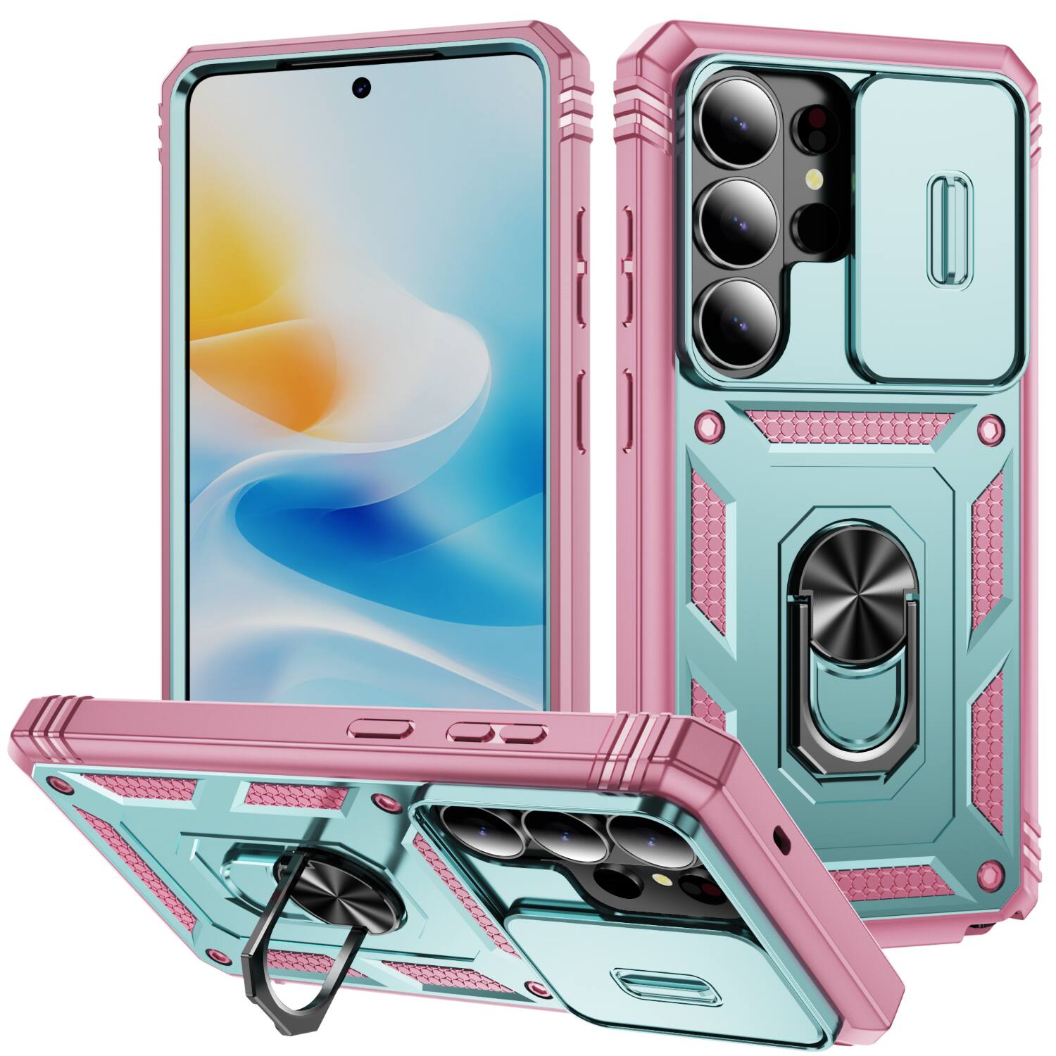 Front. Dteck - Dteck Rugged Case For Samsung Galaxy S25 Ultra with Slide Camera Magnetic Ring Kickstand PC TPU Cover - Green/Pink.