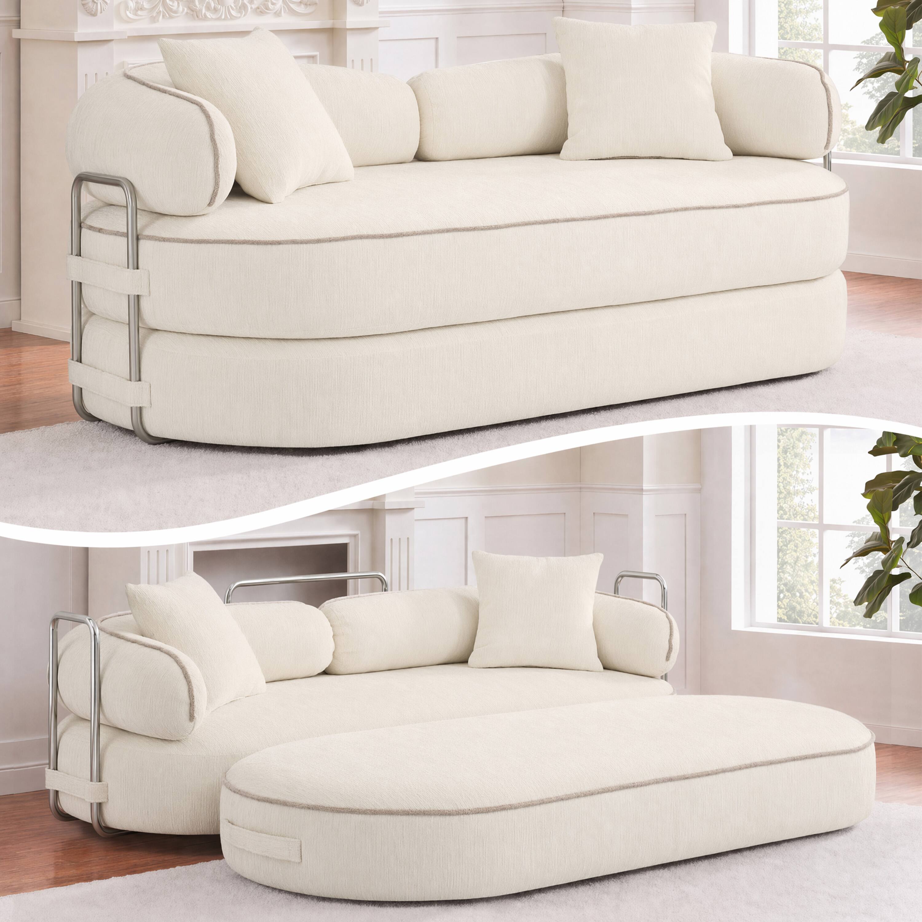 Alt View 6. Vipbear - Curved Loveseat with 4 Pillows, Modern Boneless Couch, Convertible Sleeper Sofa Bed - off-white.